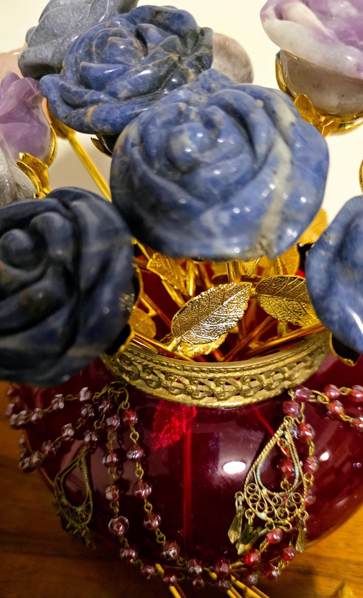 Crystal Rose Blooms Full, Gold Long Stem | Large Carved Gemstone Flowers, Centerpiece, Everlasting Roses
