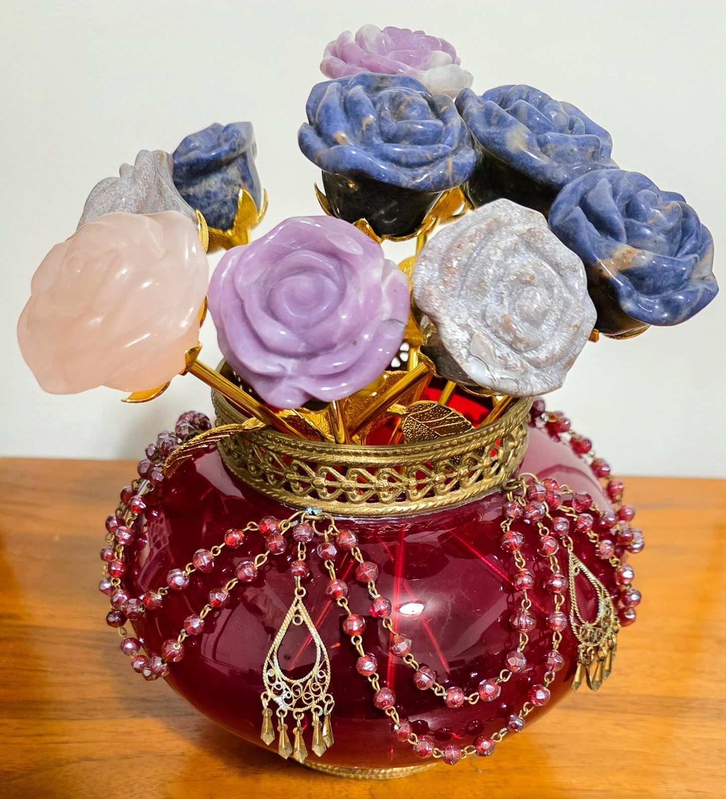 Crystal Rose Blooms Full, Gold Long Stem | Large Carved Gemstone Flowers, Centerpiece, Everlasting Roses