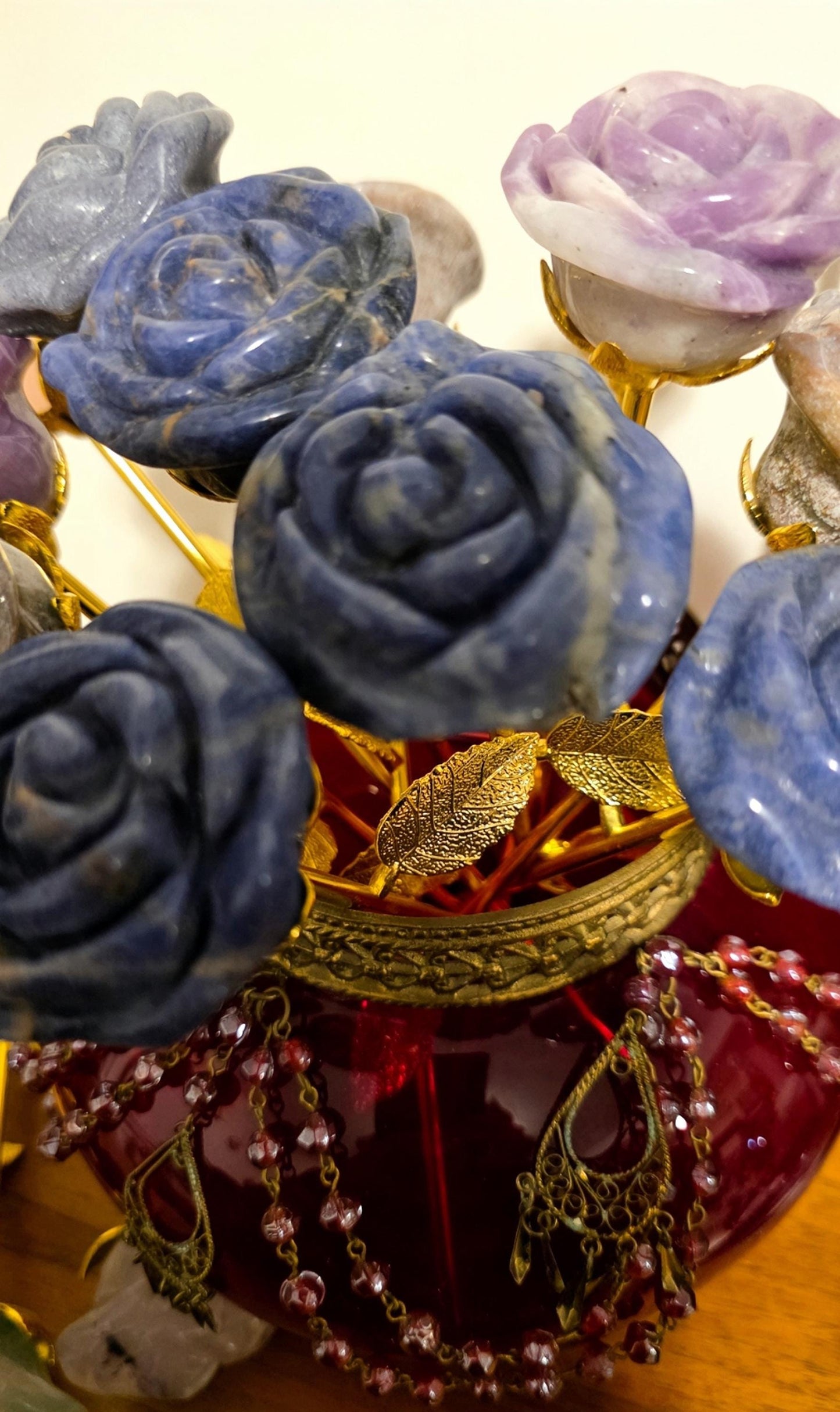 Crystal Rose Blooms Full, Gold Long Stem | Large Carved Gemstone Flowers, Centerpiece, Everlasting Roses