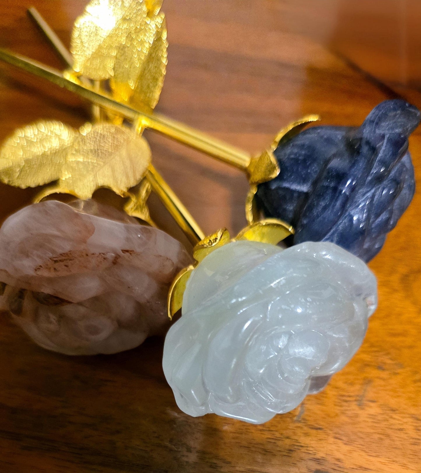 Crystal Rose Blooms Full, Gold Long Stem | Large Carved Gemstone Flowers, Centerpiece, Everlasting Roses