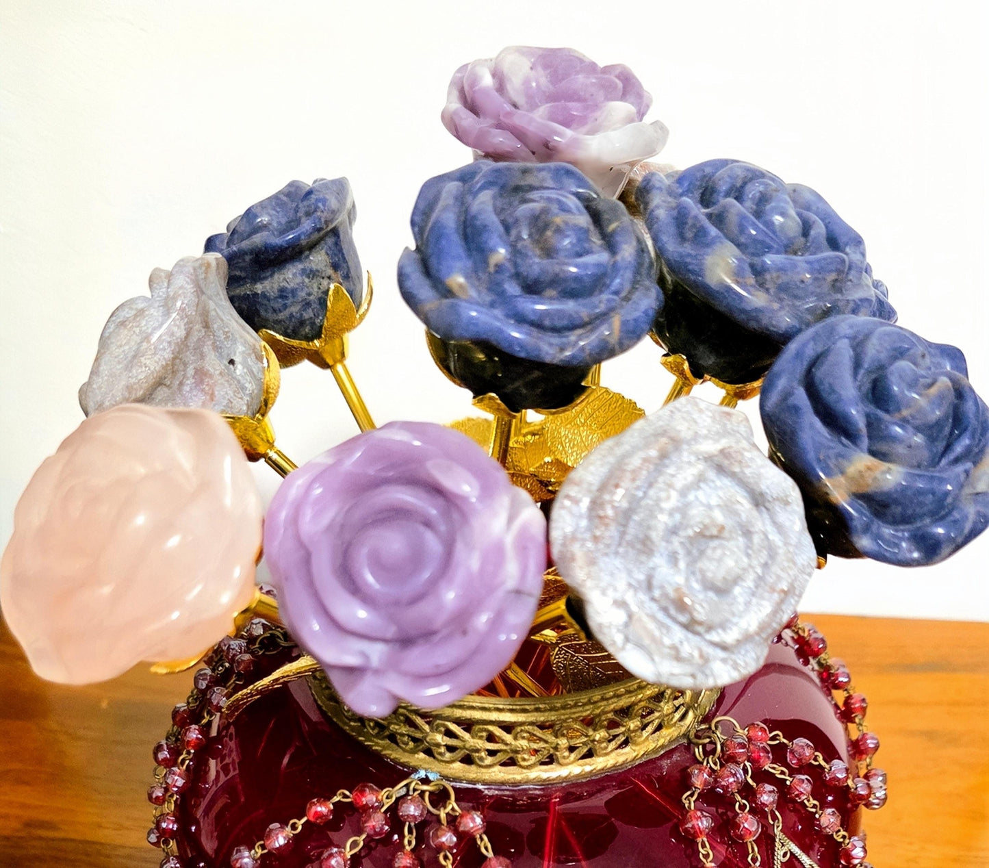 Crystal Rose Blooms Full, Gold Long Stem | Large Carved Gemstone Flowers, Centerpiece, Everlasting Roses