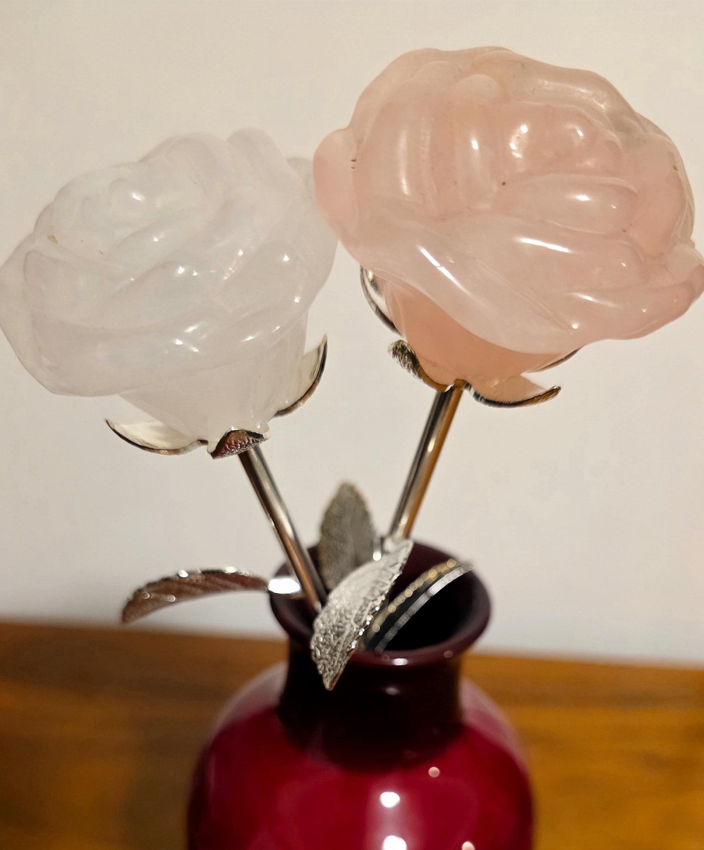 Crystal Rose Full Blooms, Silver Long Stem | Handcrafted Gemstone Flowers for Wedding & Romantic Occasion