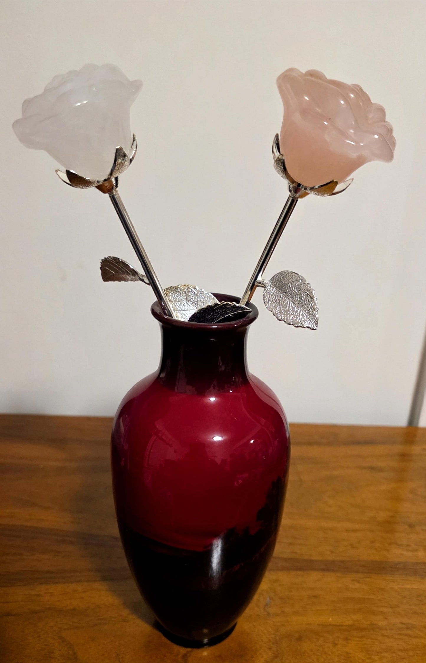 Crystal Rose Full Blooms, Silver Long Stem | Handcrafted Gemstone Flowers for Wedding & Romantic Occasion