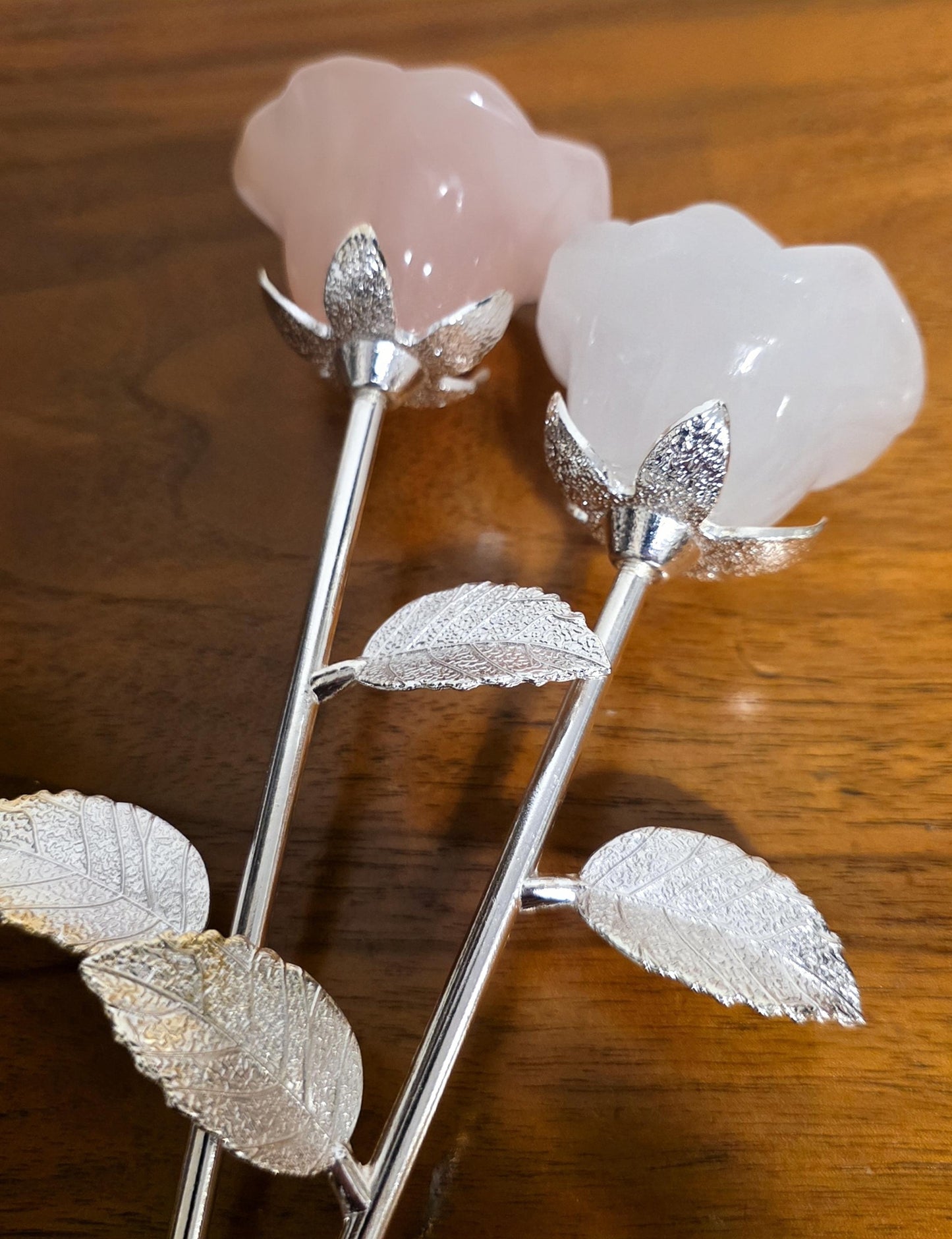 Crystal Rose Full Blooms, Silver Long Stem | Handcrafted Gemstone Flowers for Wedding & Romantic Occasion