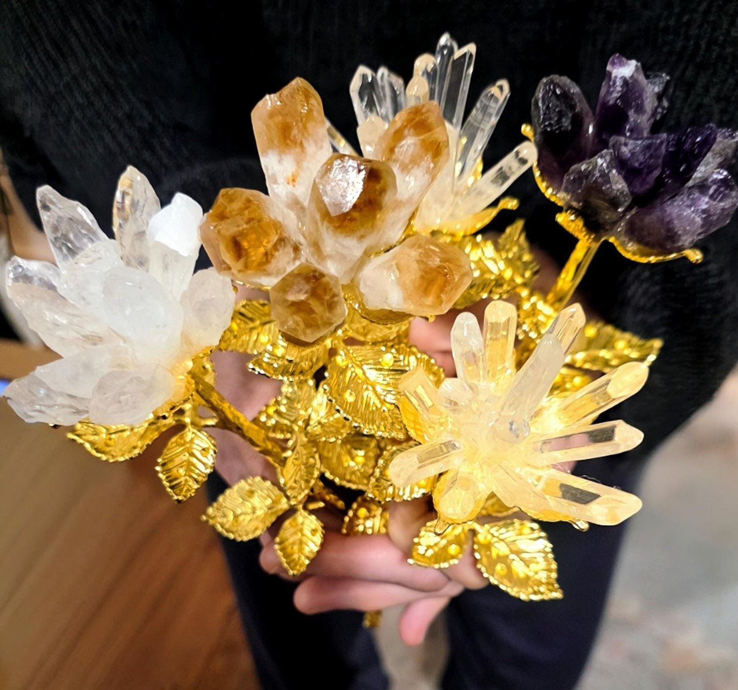 Raw Quartz Crystal Rose Cluster with Gold Stem | Large Rough Gemstone Flowers, Wedding Bouquet