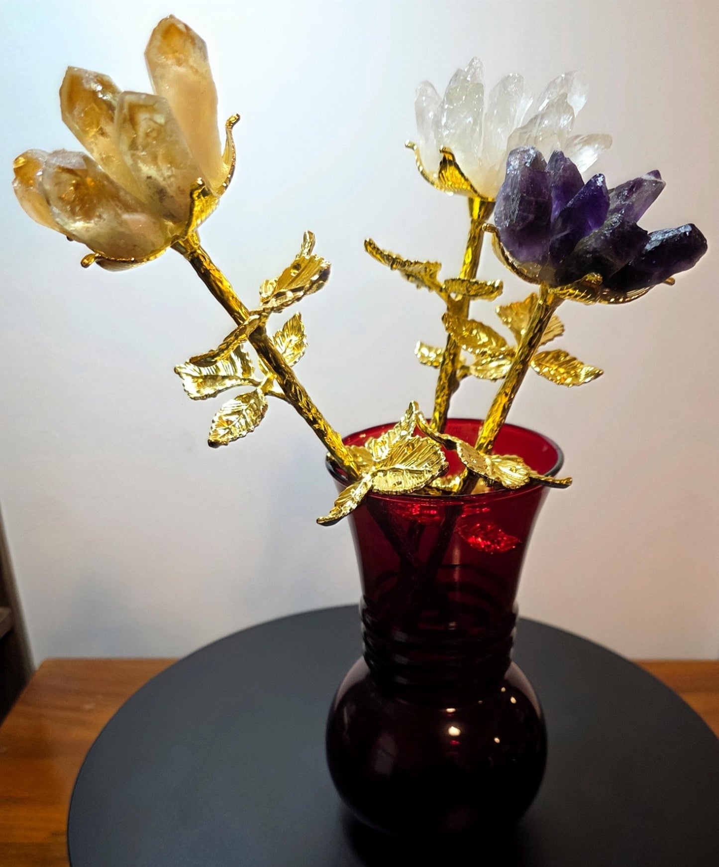 Raw Quartz Crystal Rose Cluster with Gold Stem | Large Rough Gemstone Flowers, Wedding Bouquet