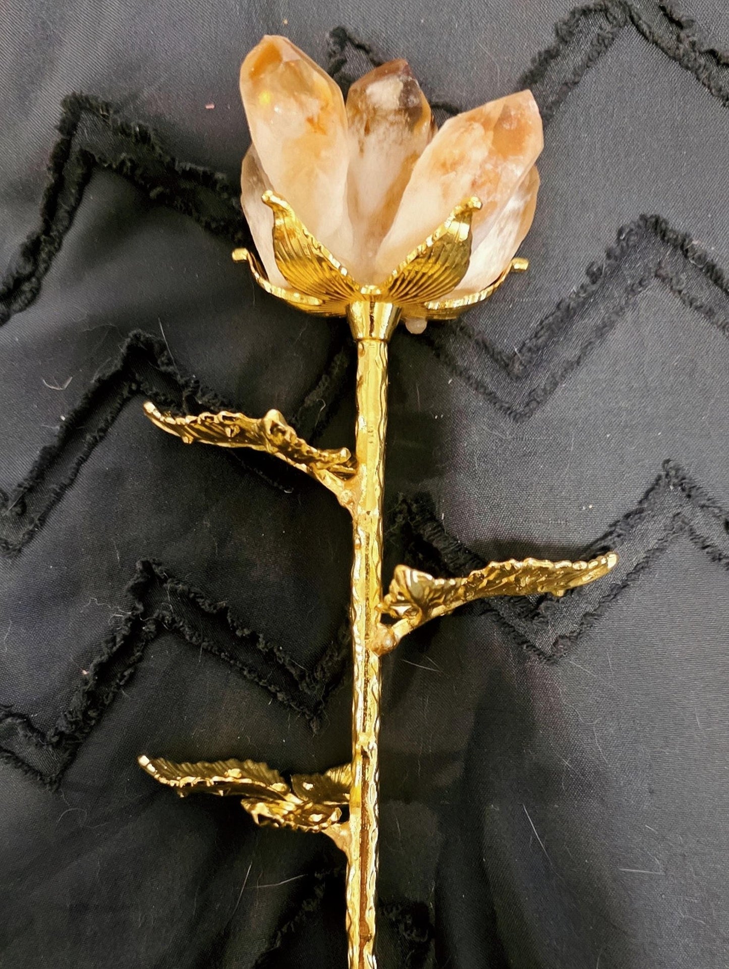 Raw Quartz Crystal Rose Cluster with Gold Stem | Large Rough Gemstone Flowers, Wedding Bouquet