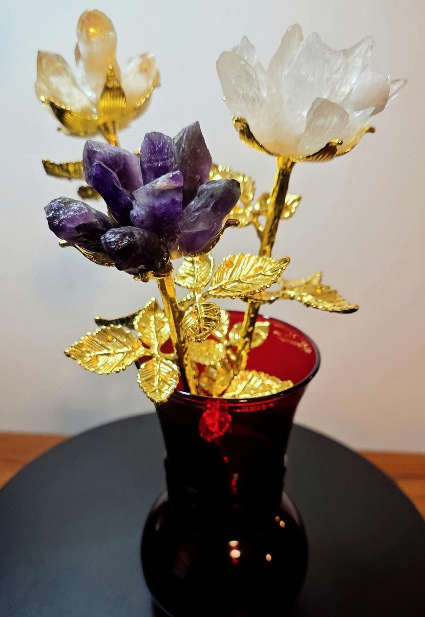 Raw Quartz Crystal Rose Cluster with Gold Stem | Large Rough Gemstone Flowers, Wedding Bouquet