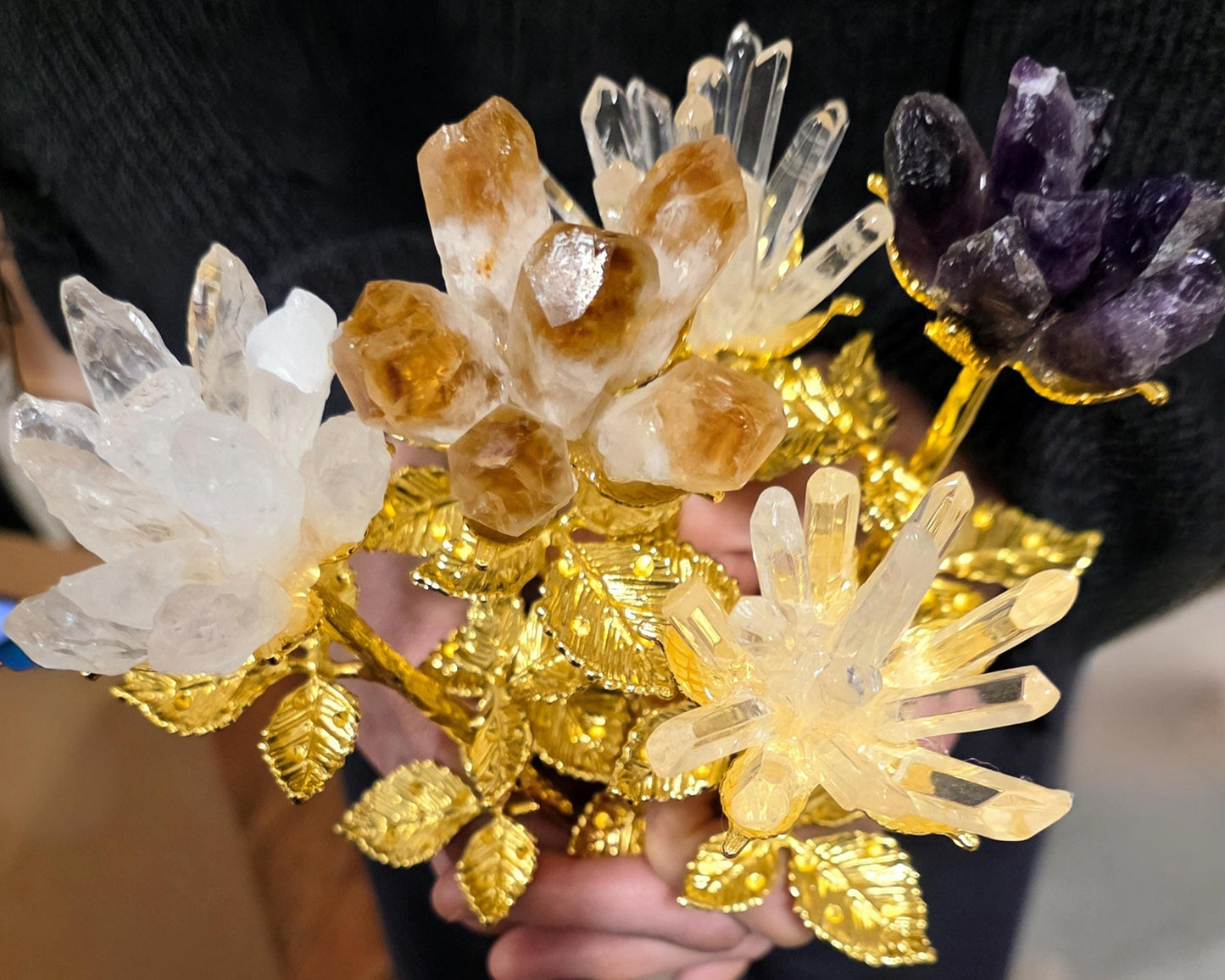 Raw Quartz Crystal Rose Cluster with Gold Stem | Large Rough Gemstone Flowers, Wedding Bouquet