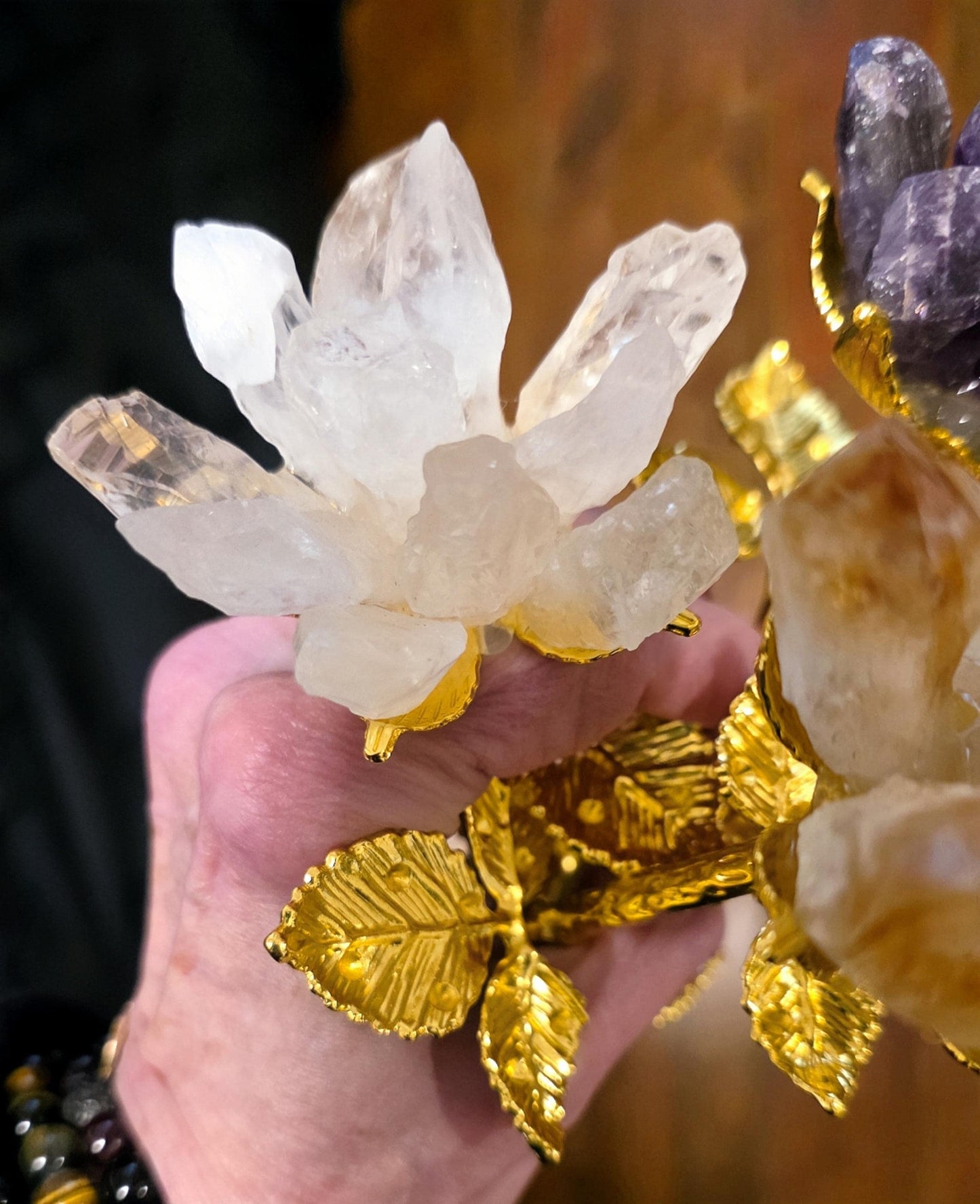 Raw Quartz Crystal Rose Cluster with Gold Stem | Large Rough Gemstone Flowers, Wedding Bouquet
