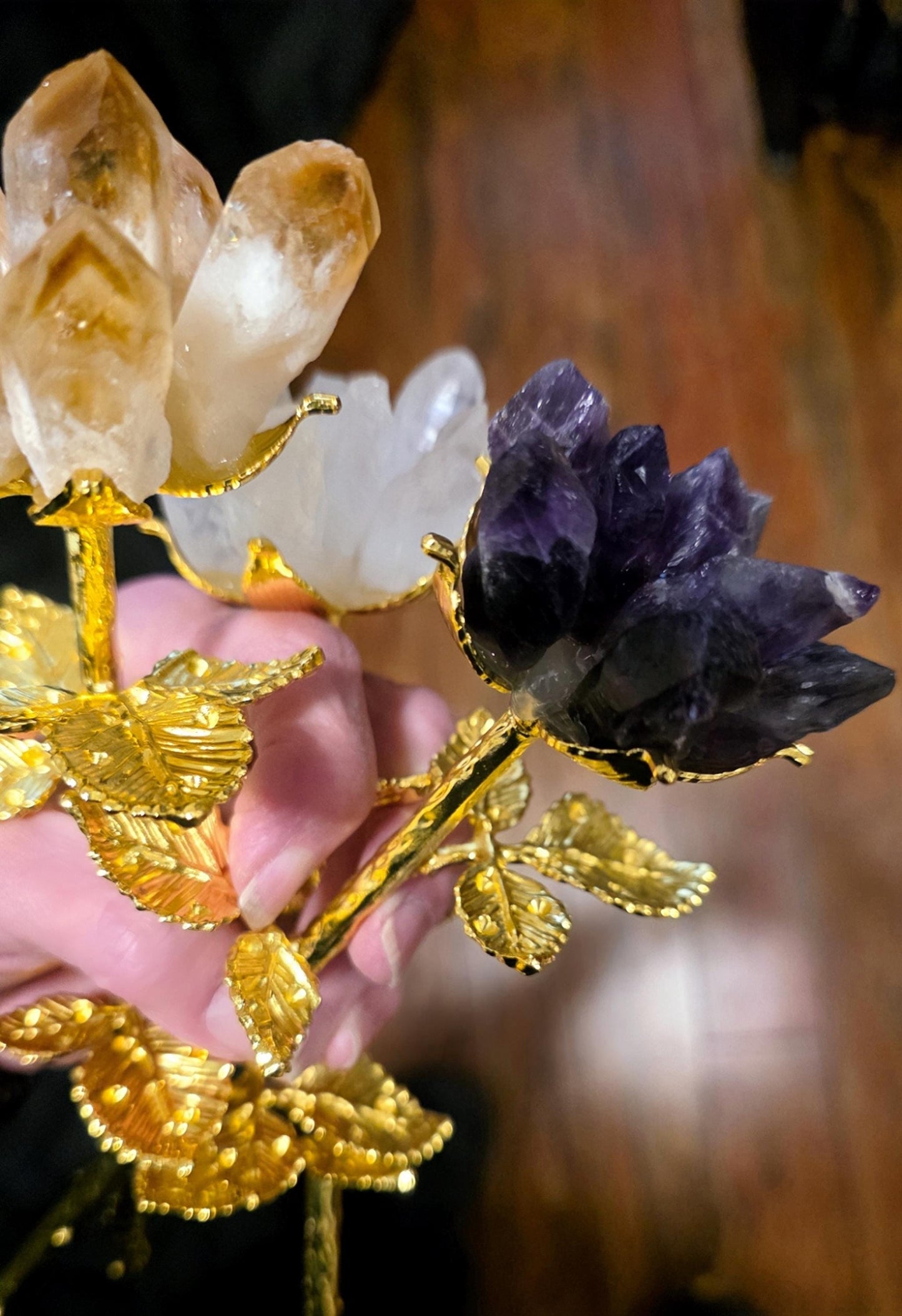 Raw Quartz Crystal Rose Cluster with Gold Stem | Large Rough Gemstone Flowers, Wedding Bouquet