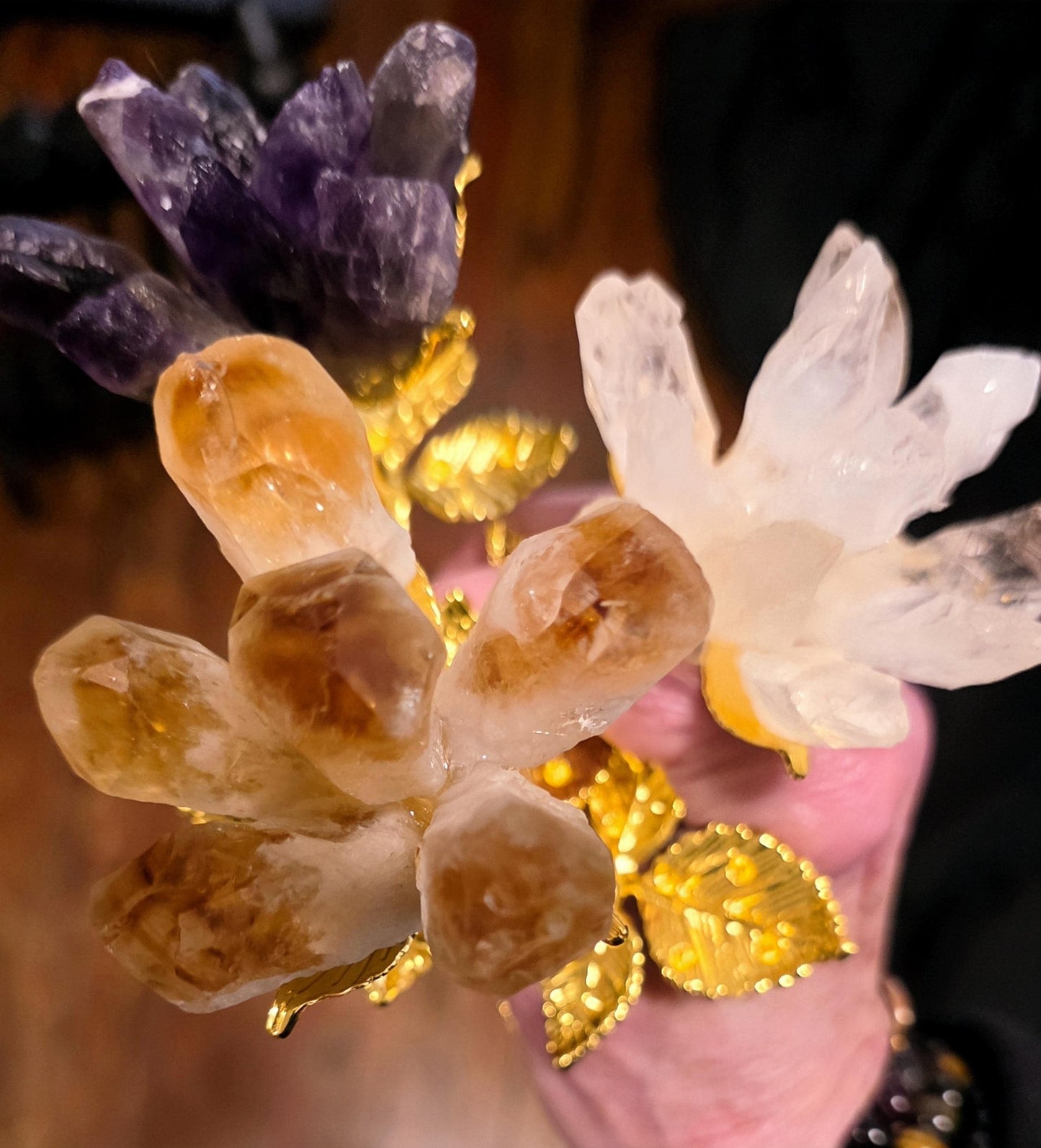 Raw Quartz Crystal Rose Cluster with Gold Stem | Large Rough Gemstone Flowers, Wedding Bouquet