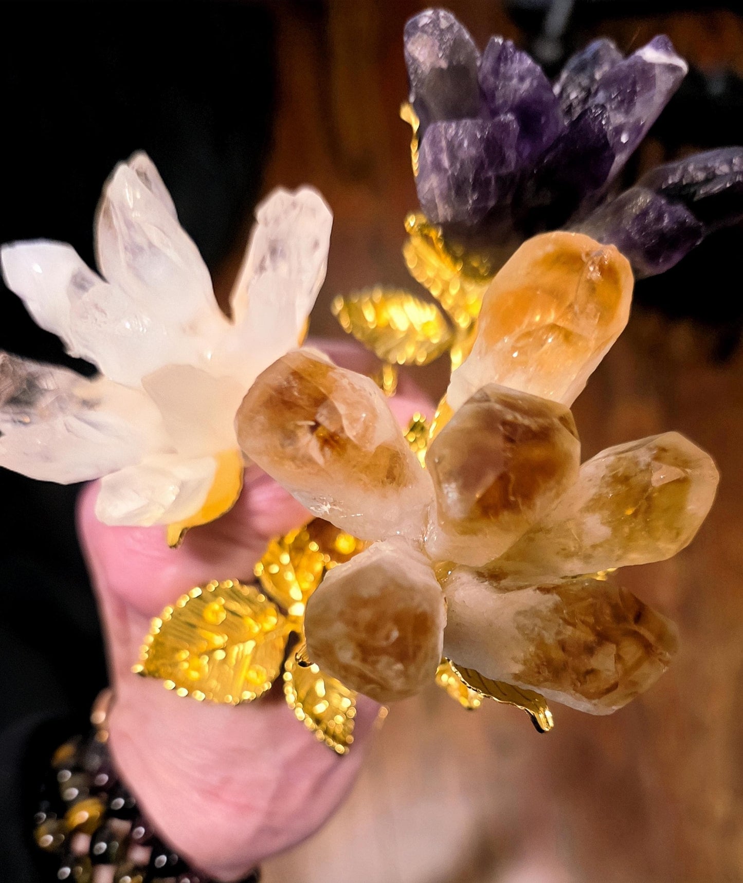 Raw Quartz Crystal Rose Cluster with Gold Stem | Large Rough Gemstone Flowers, Wedding Bouquet