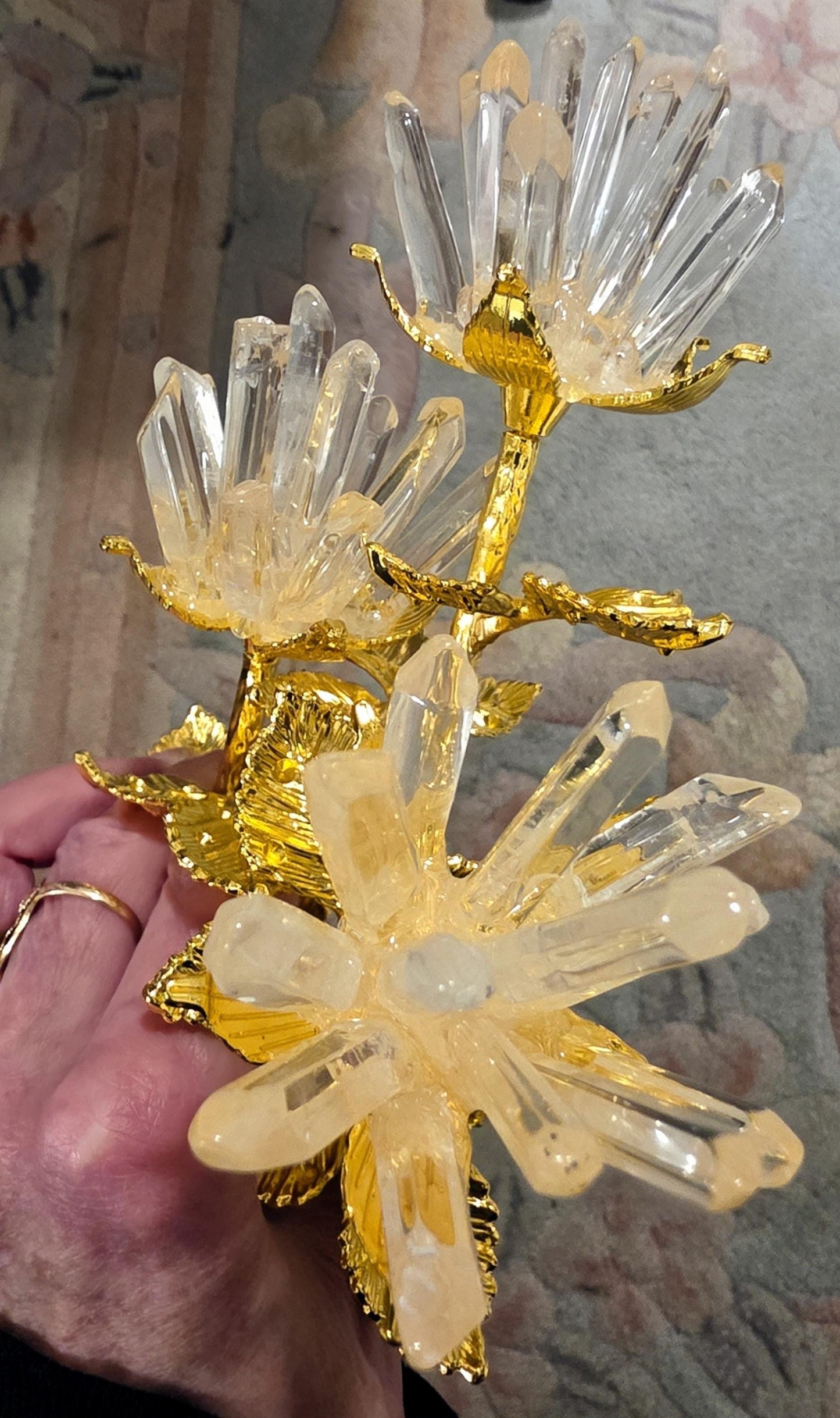 Quartz Crystal Rose Bloom Clusters, Gold Long Stem | Large Polished Gemstone Flowers, Bridal Bouquet