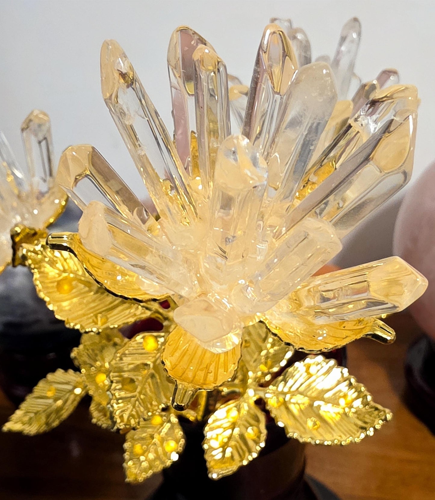 Quartz Crystal Rose Bloom Clusters, Gold Long Stem | Large Polished Gemstone Flowers, Bridal Bouquet