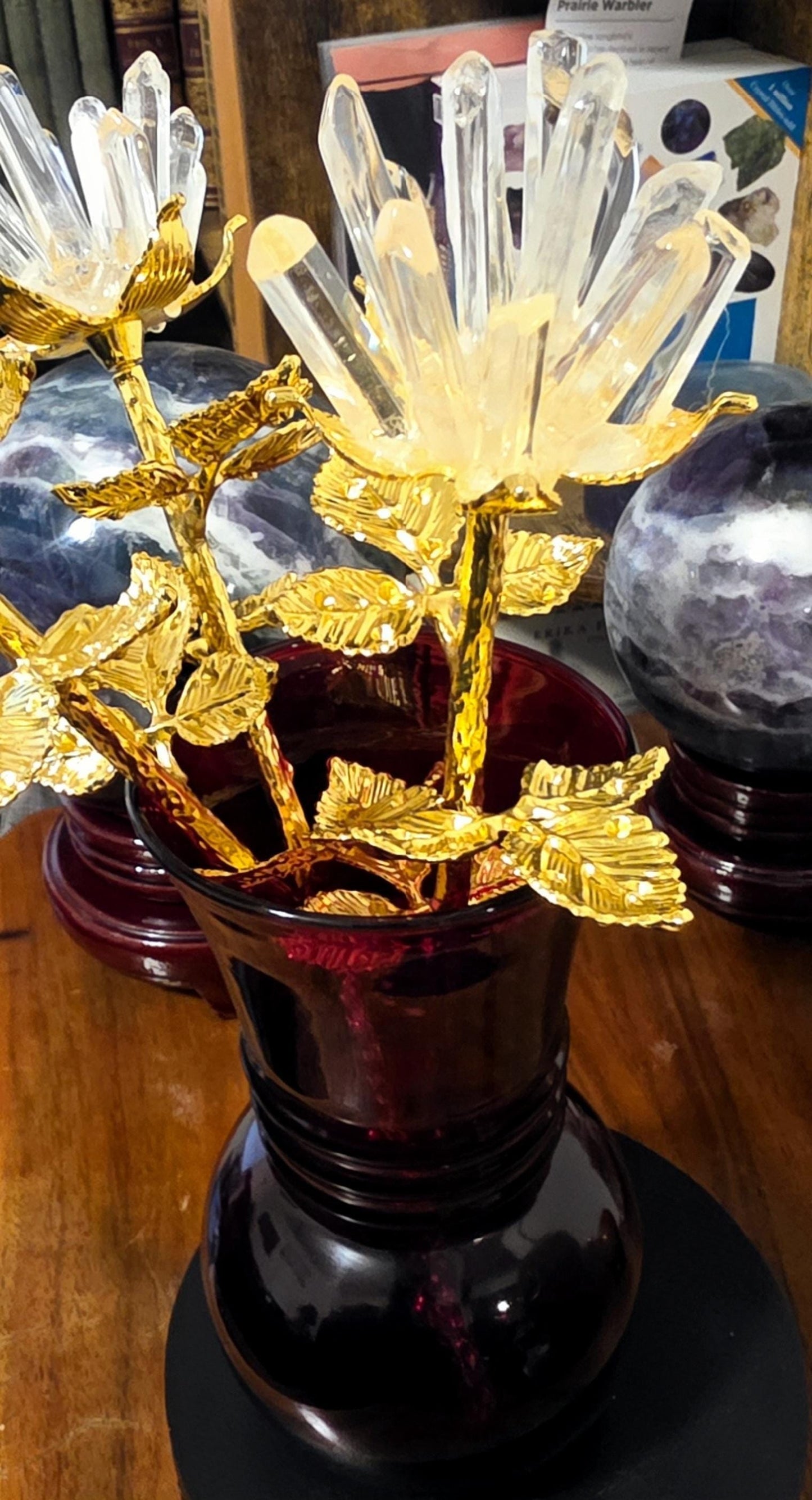 Quartz Crystal Rose Bloom Clusters, Gold Long Stem | Large Polished Gemstone Flowers, Bridal Bouquet