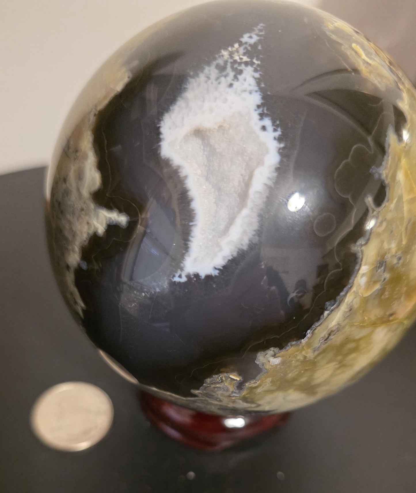 Very Large Volcanic Agate Sphere. 3.7" in diameter, 2lbs 5.3OZ weight Stunning Rare UV reactive. Also has white druzy crystals