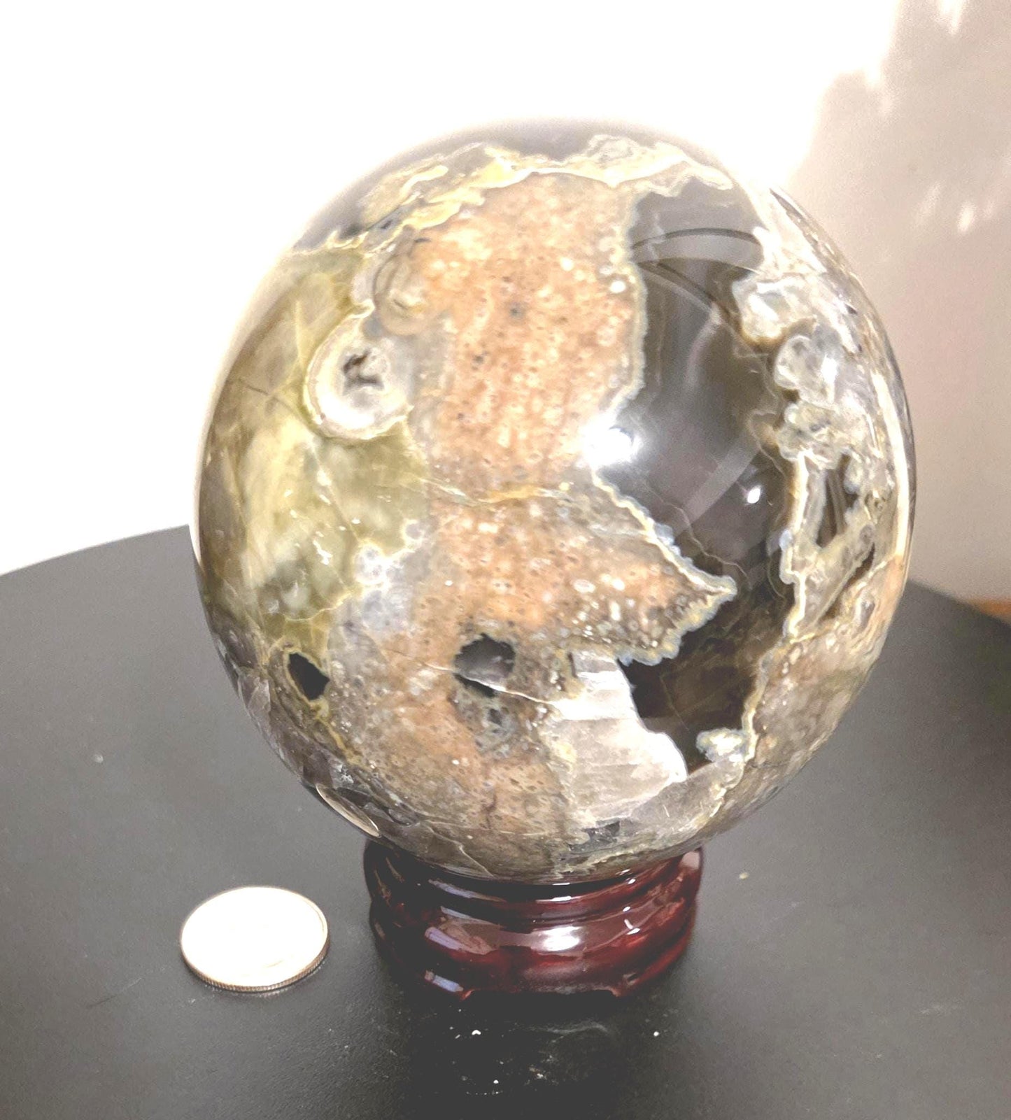 Very Large Volcanic Agate Sphere. 3.7" in diameter, 2lbs 5.3OZ weight Stunning Rare UV reactive. Also has white druzy crystals
