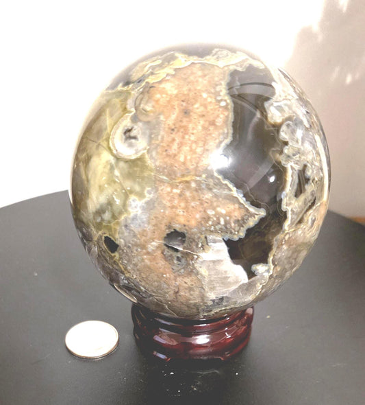 Very Large Volcanic Agate Sphere. 3.7" in diameter, 2lbs 5.3OZ weight Stunning Rare UV reactive. Also has white druzy crystals