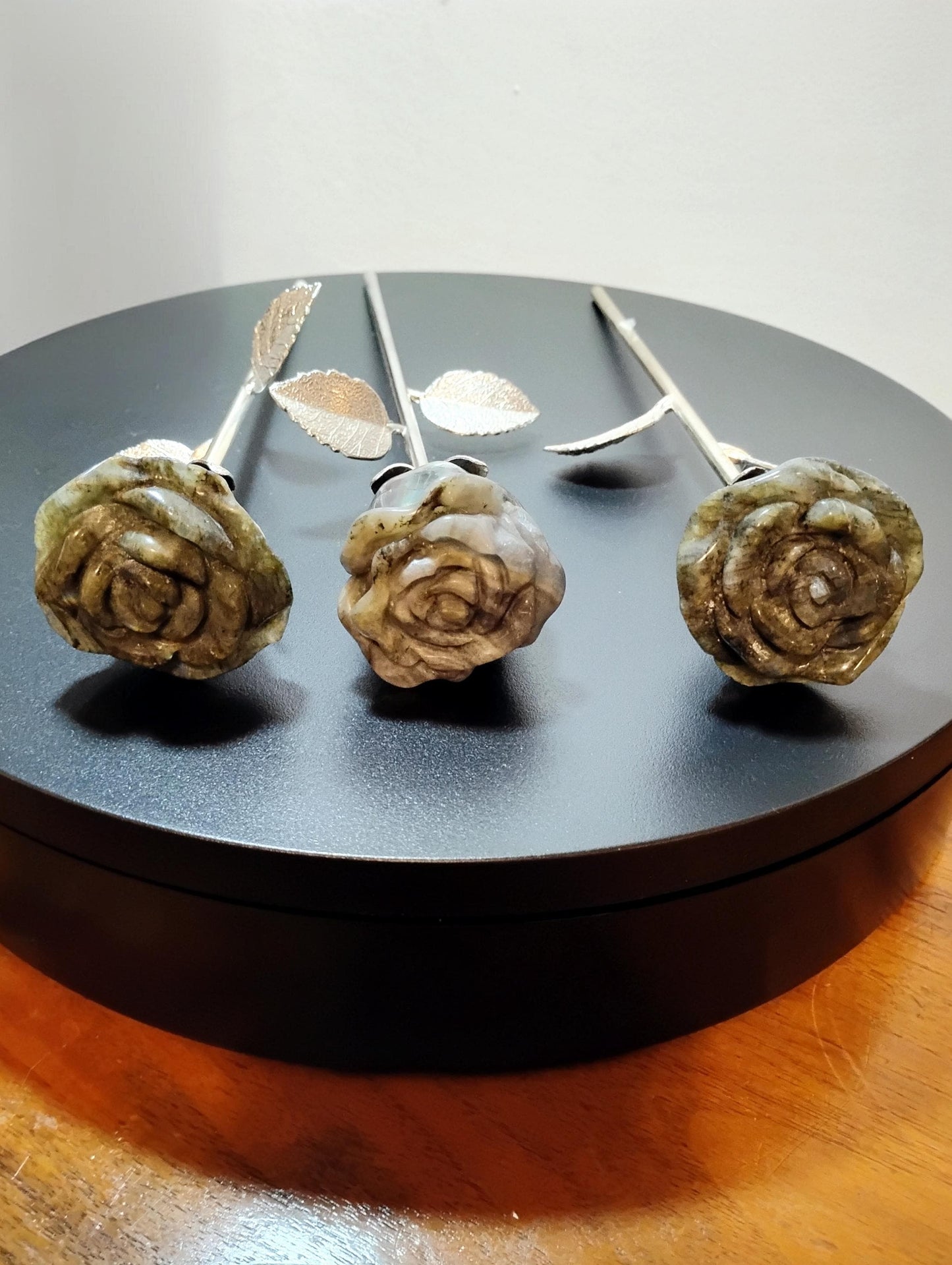 Labradorite Crystal Rose Bouquet Trio, Hand Carved Long Stem Stone Flowers,