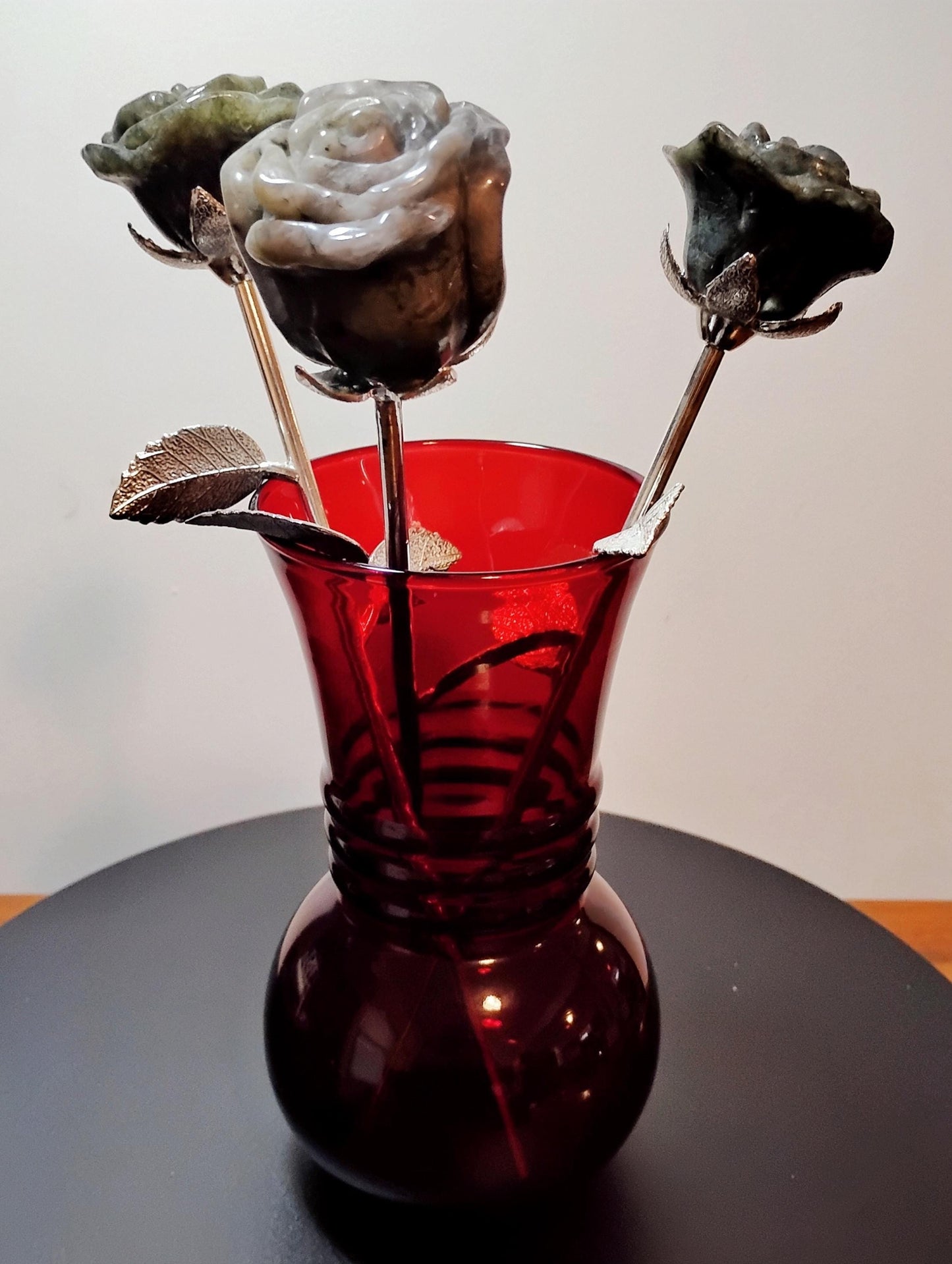 Labradorite Crystal Rose Bouquet Trio, Hand Carved Long Stem Stone Flowers,