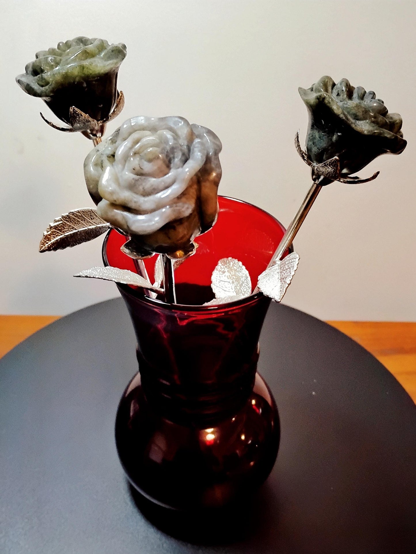 Labradorite Crystal Rose Bouquet Trio, Hand Carved Long Stem Stone Flowers,