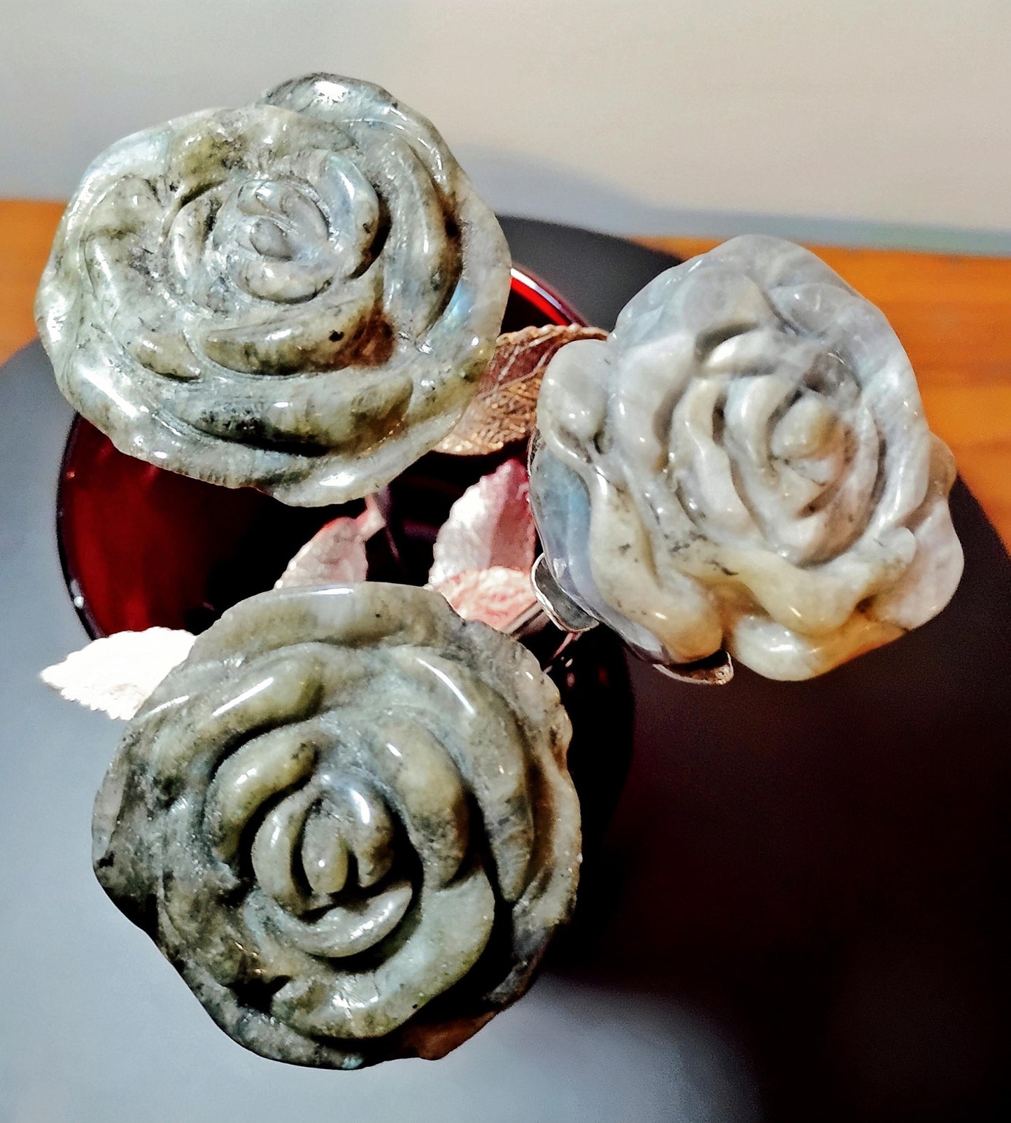 Labradorite Crystal Rose Bouquet Trio, Hand Carved Long Stem Stone Flowers,