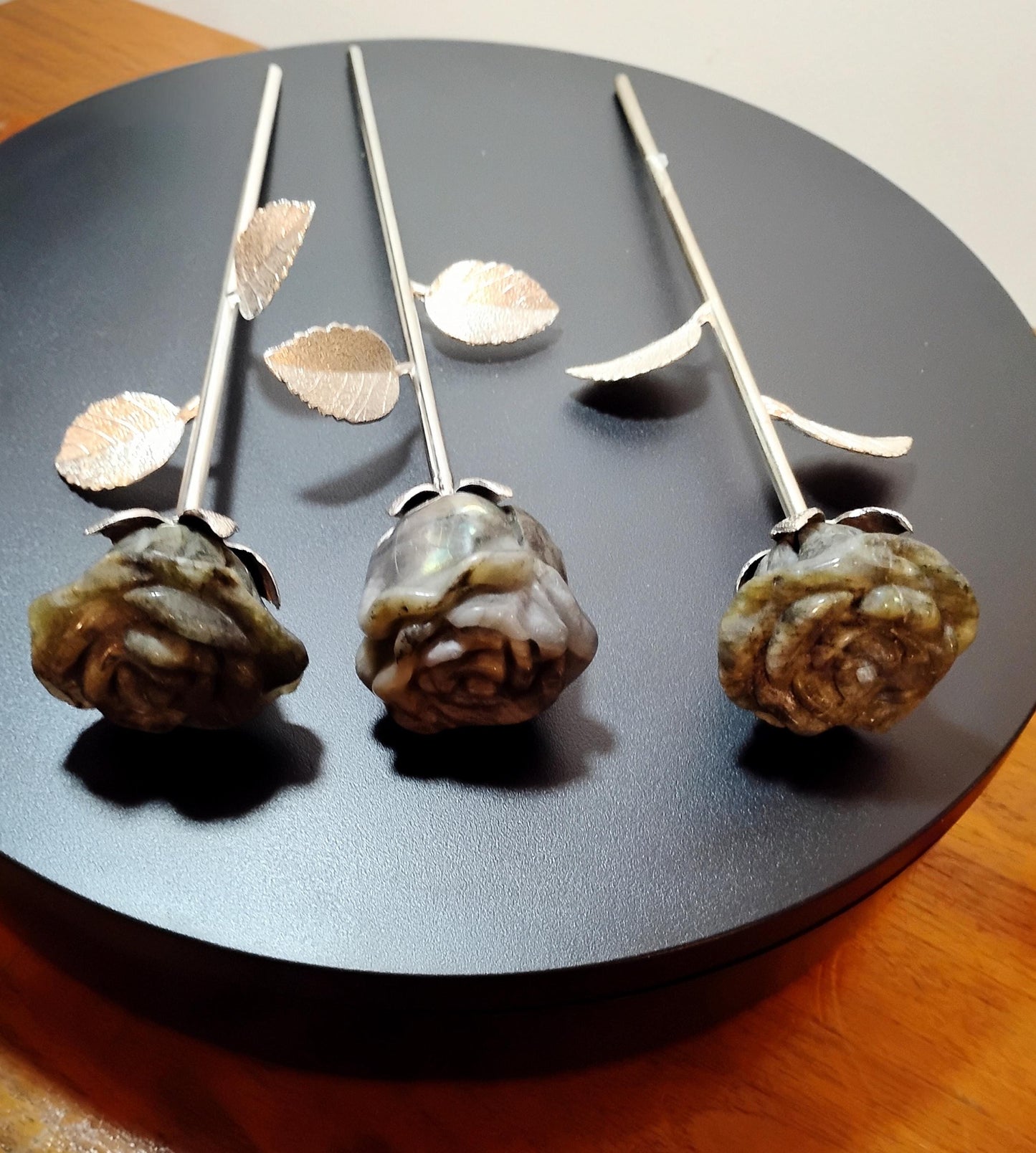 Labradorite Crystal Rose Bouquet Trio, Hand Carved Long Stem Stone Flowers,
