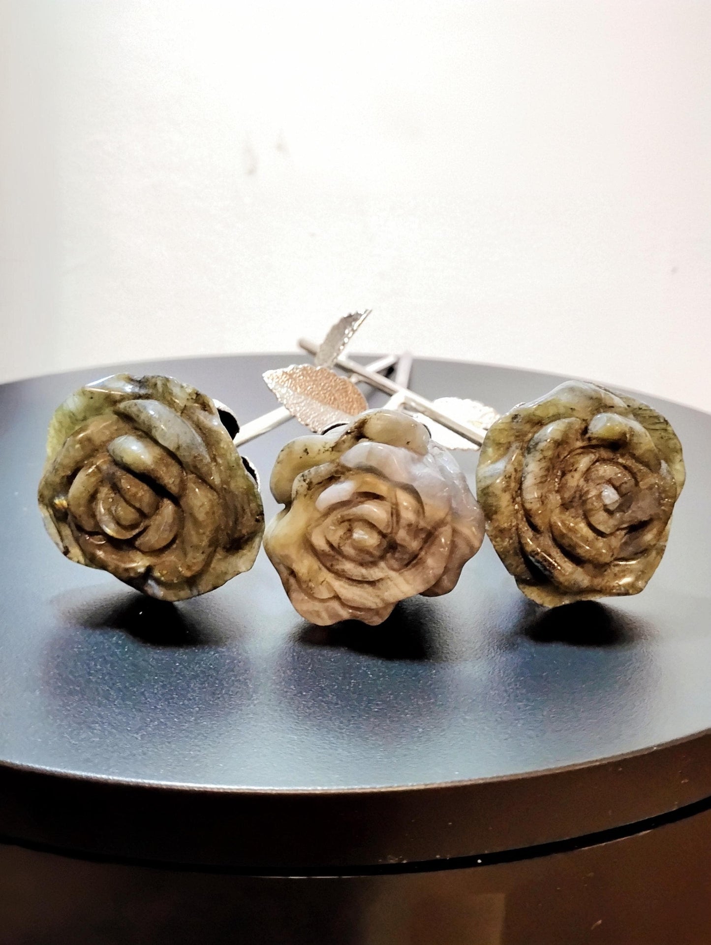 Labradorite Crystal Rose Bouquet Trio, Hand Carved Long Stem Stone Flowers,