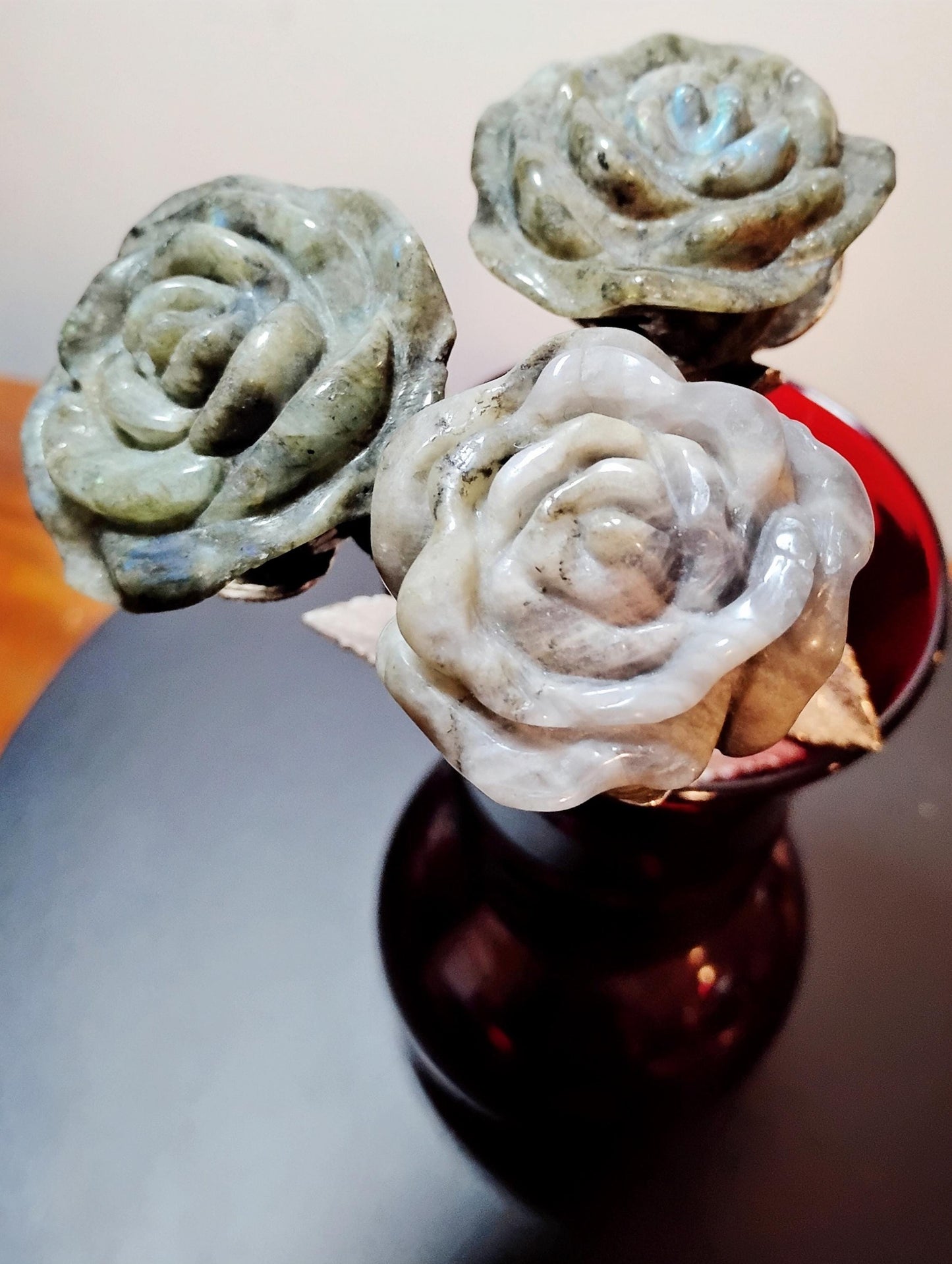 Labradorite Crystal Rose Bouquet Trio, Hand Carved Long Stem Stone Flowers,