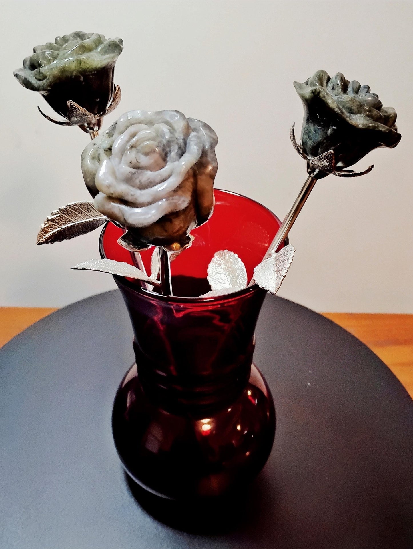Labradorite Crystal Rose Bouquet Trio, Hand Carved Long Stem Stone Flowers,
