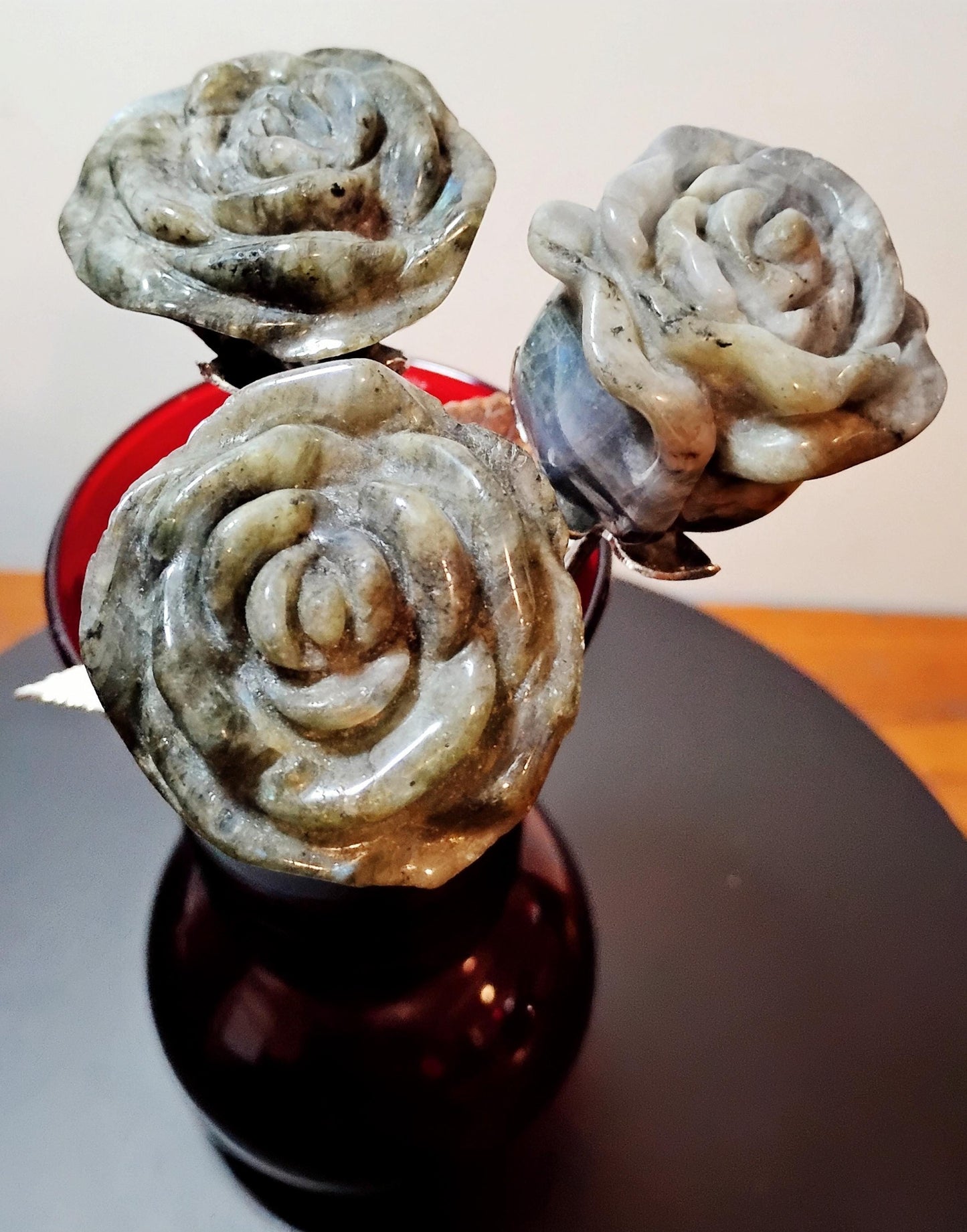 Labradorite Crystal Rose Bouquet Trio, Hand Carved Long Stem Stone Flowers,