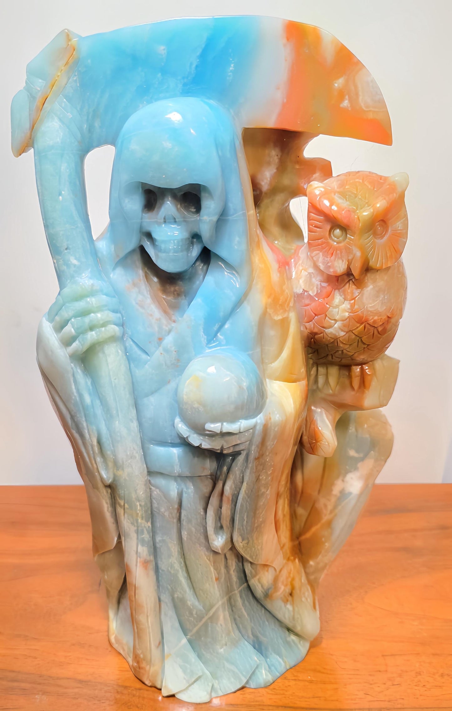 Large Crystal Grim Reaper Statue with Soul Orb and Scythe