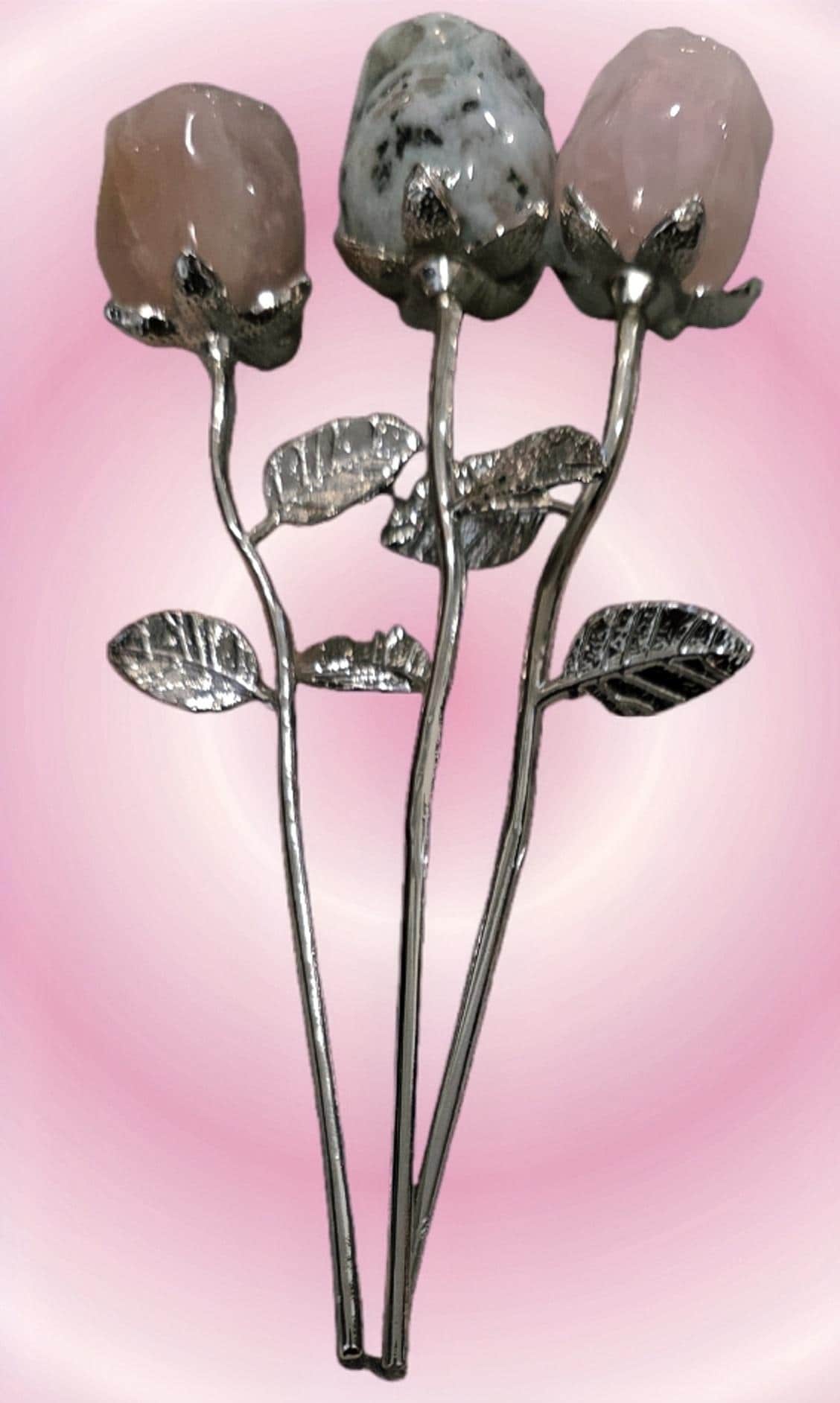 Crystal Rose Mini Buds on Silver Stems, Carved Gemstone Flowers | Wedding Centerpieces, Healing Stones