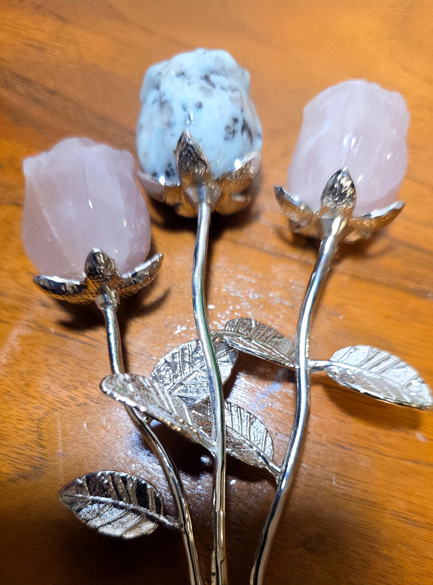 Crystal Rose Mini Buds on Silver Stems, Carved Gemstone Flowers | Wedding Centerpieces, Healing Stones