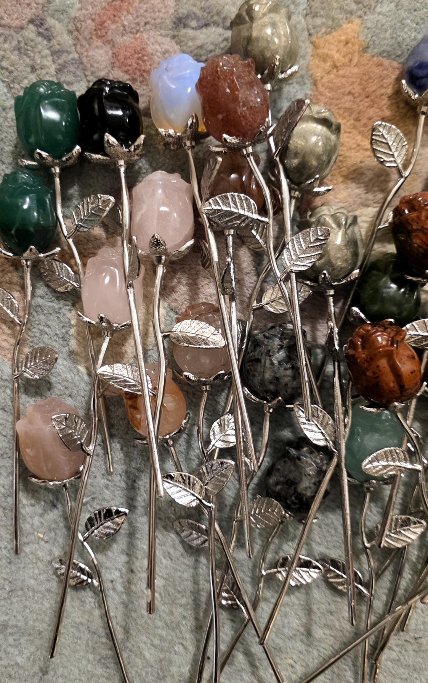 Crystal Rose Mini Buds on Silver Stems, Carved Gemstone Flowers | Wedding Centerpieces, Healing Stones