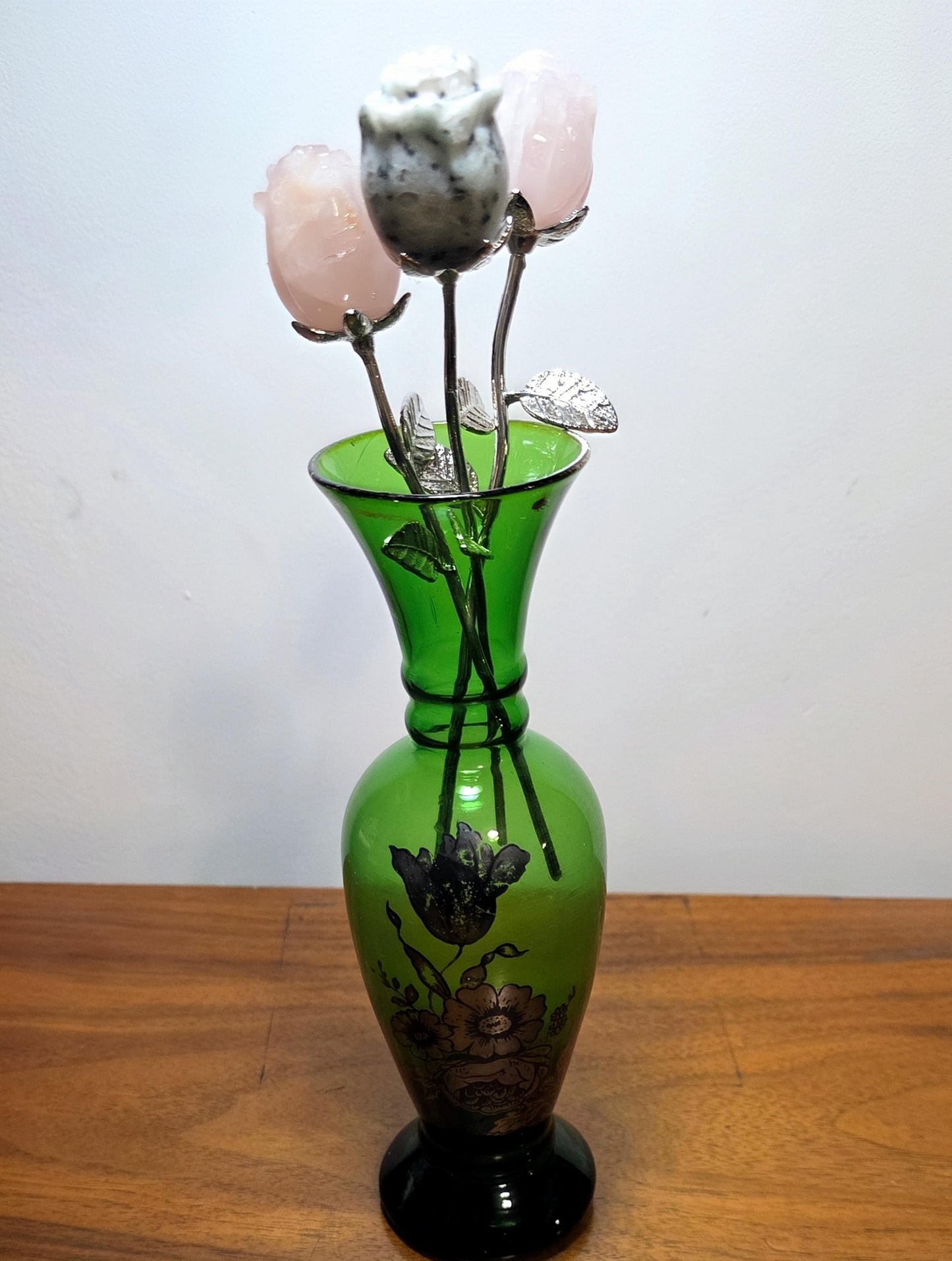 Crystal Rose Mini Buds on Silver Stems, Carved Gemstone Flowers | Wedding Centerpieces, Healing Stones