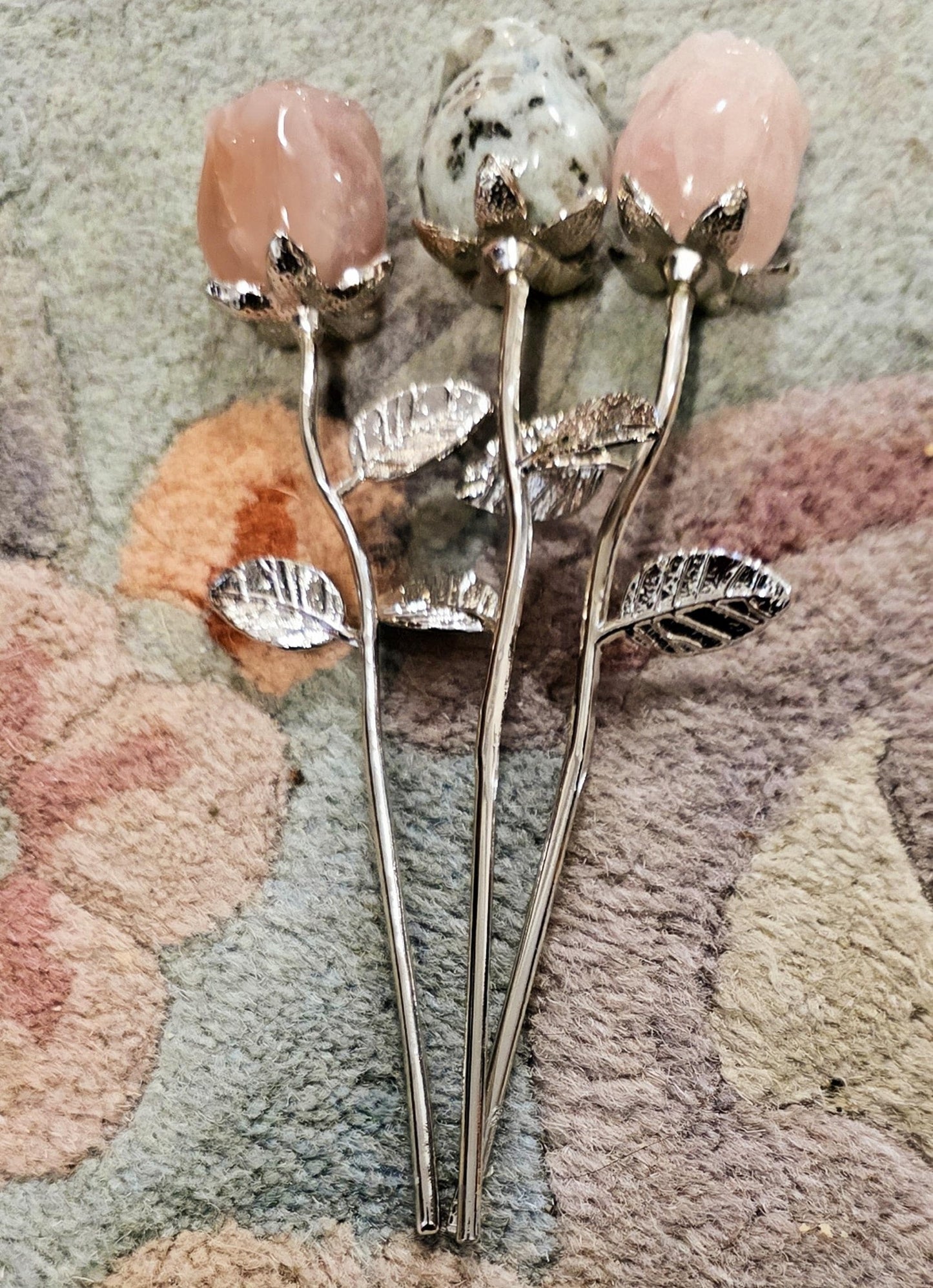 Crystal Rose Mini Buds on Silver Stems, Carved Gemstone Flowers | Wedding Centerpieces, Healing Stones