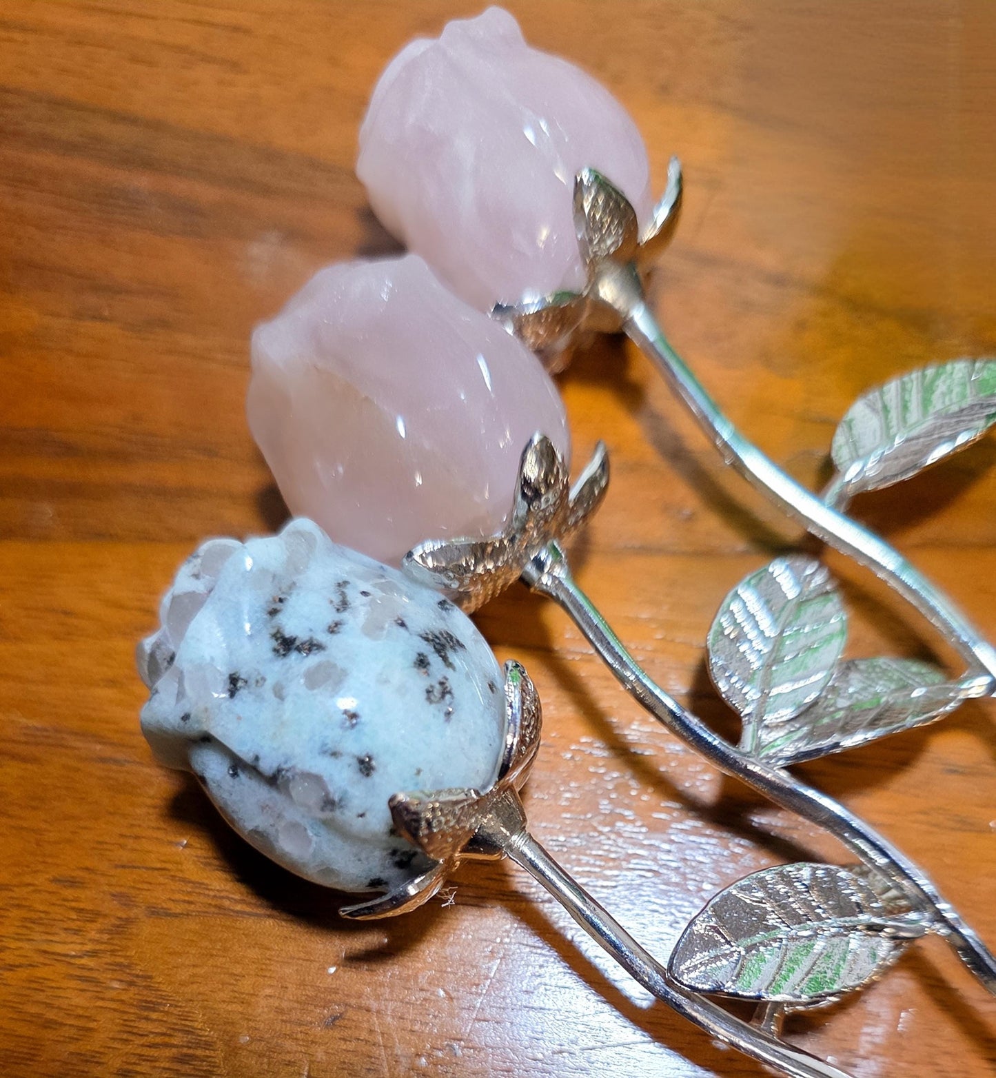 Crystal Rose Mini Buds on Silver Stems, Carved Gemstone Flowers | Wedding Centerpieces, Healing Stones