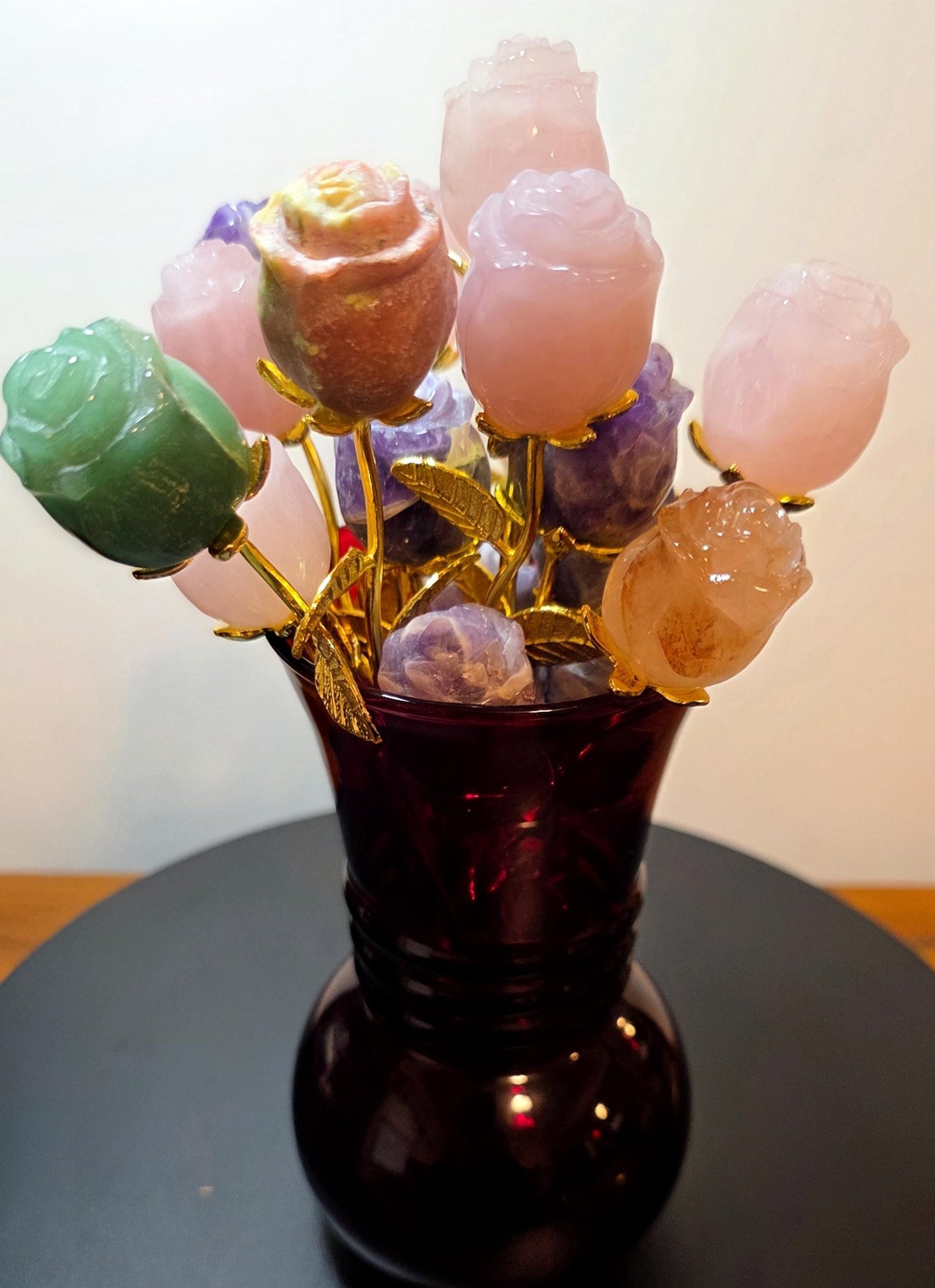 Crystal Rose Buds Mini, Gold Stem | Carved Gemstone Roses | Wedding Flowers, Stone Flower Centerpiece