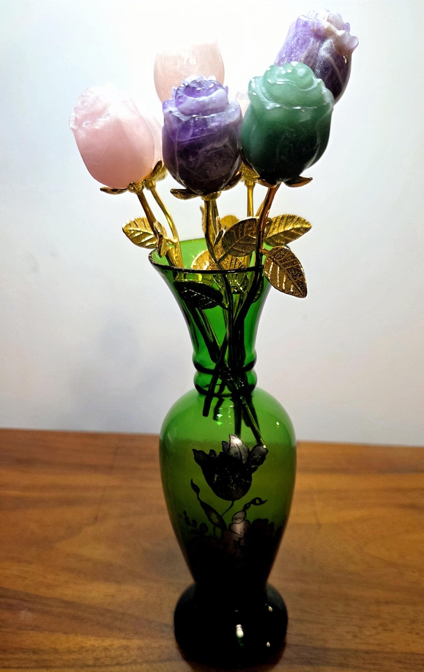 Crystal Rose Buds Mini, Gold Stem | Carved Gemstone Roses | Wedding Flowers, Stone Flower Centerpiece