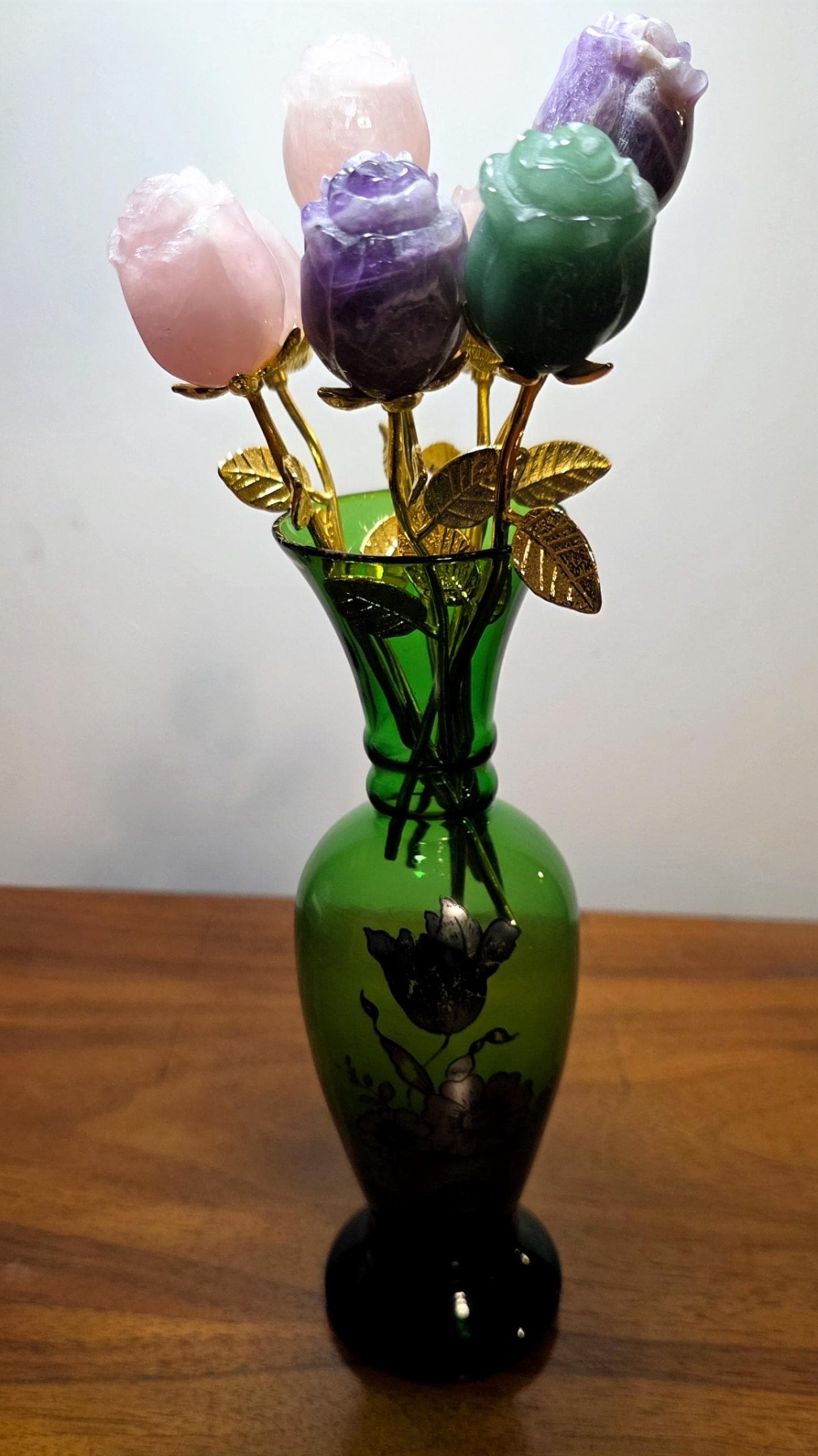 Crystal Rose Buds Mini, Gold Stem | Carved Gemstone Roses | Wedding Flowers, Stone Flower Centerpiece