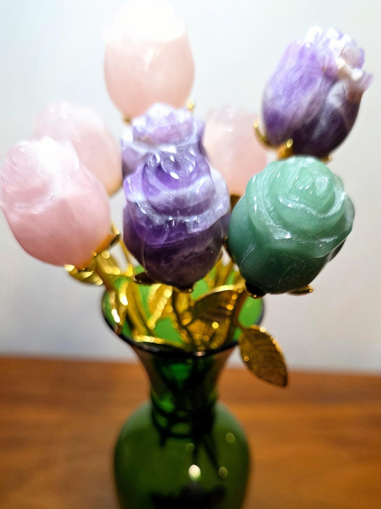 Crystal Rose Buds Mini, Gold Stem | Carved Gemstone Roses | Wedding Flowers, Stone Flower Centerpiece