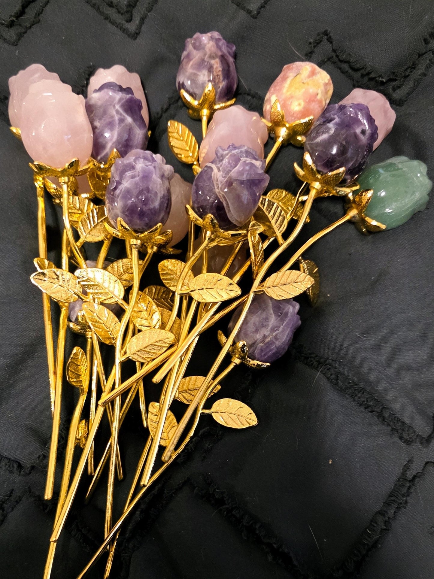 Crystal Rose Buds Mini, Gold Stem | Carved Gemstone Roses | Wedding Flowers, Stone Flower Centerpiece