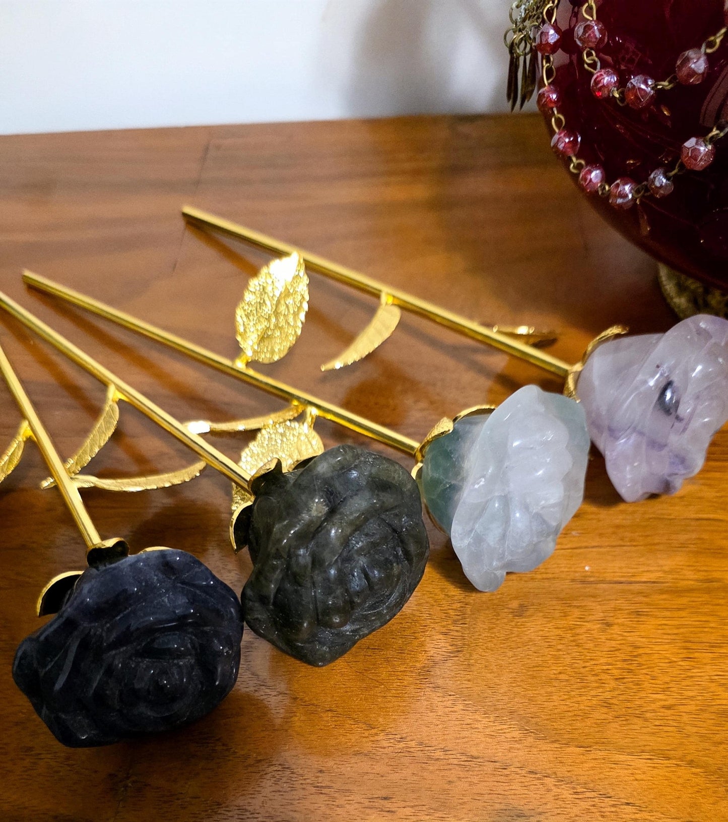 Crystal Rose Blooms Full, Gold Long Stem | Large Carved Gemstone Flowers, Centerpiece, Everlasting Roses