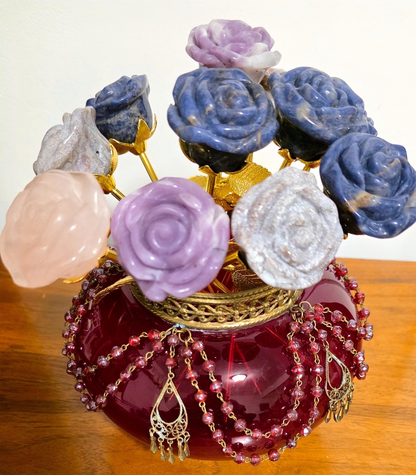 Crystal Rose Blooms Full, Gold Long Stem | Large Carved Gemstone Flowers, Centerpiece, Everlasting Roses