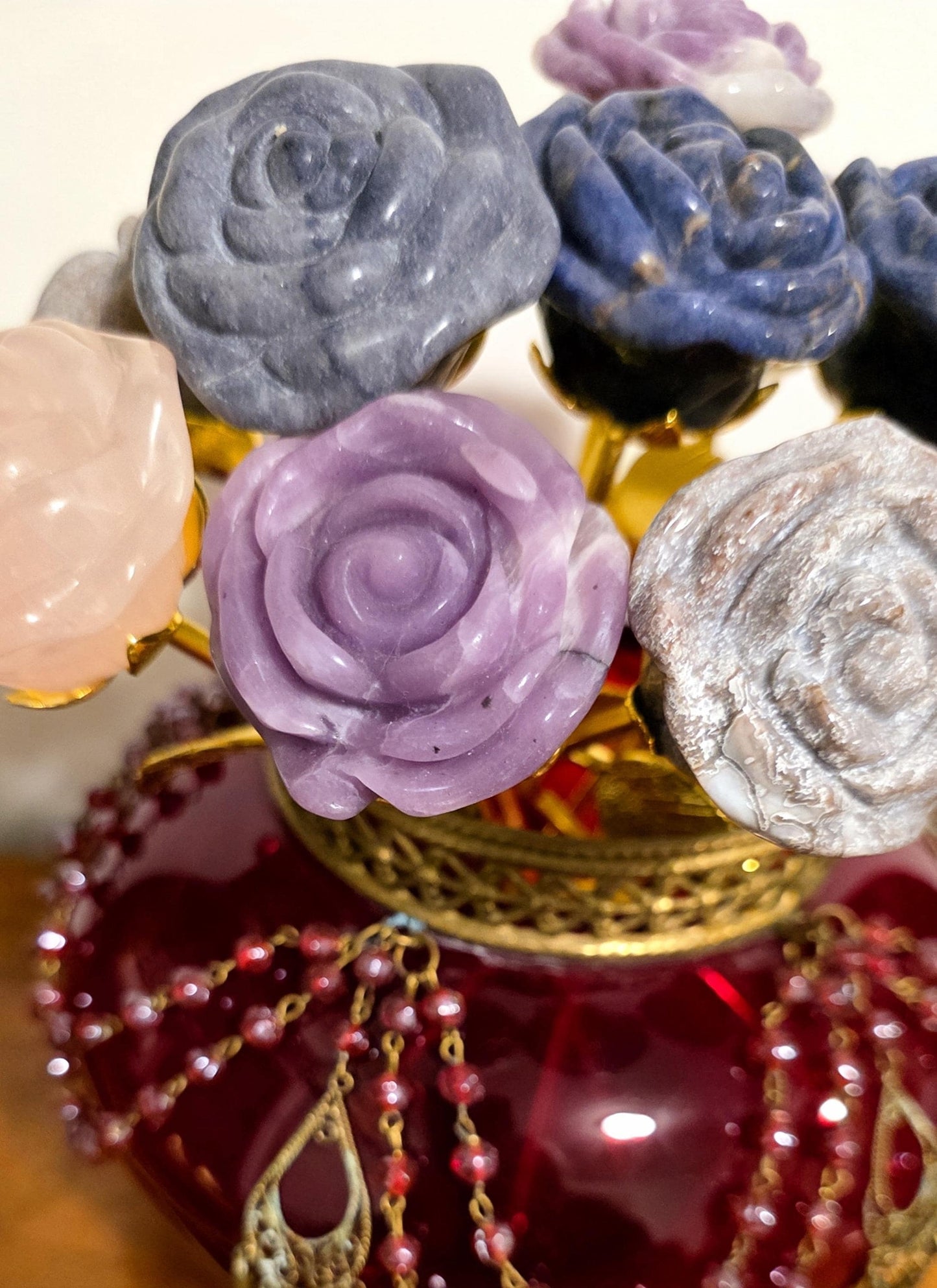 Crystal Rose Blooms Full, Gold Long Stem | Large Carved Gemstone Flowers, Centerpiece, Everlasting Roses