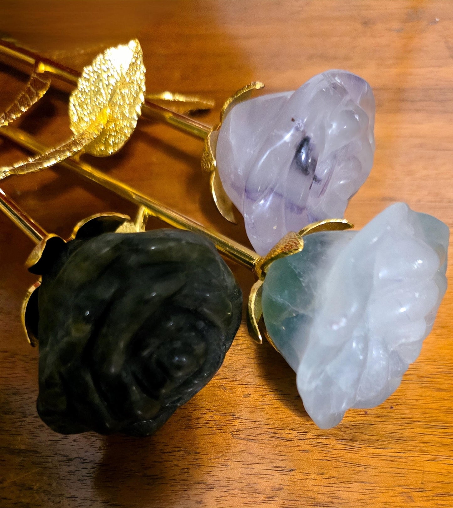 Crystal Rose Blooms Full, Gold Long Stem | Large Carved Gemstone Flowers, Centerpiece, Everlasting Roses