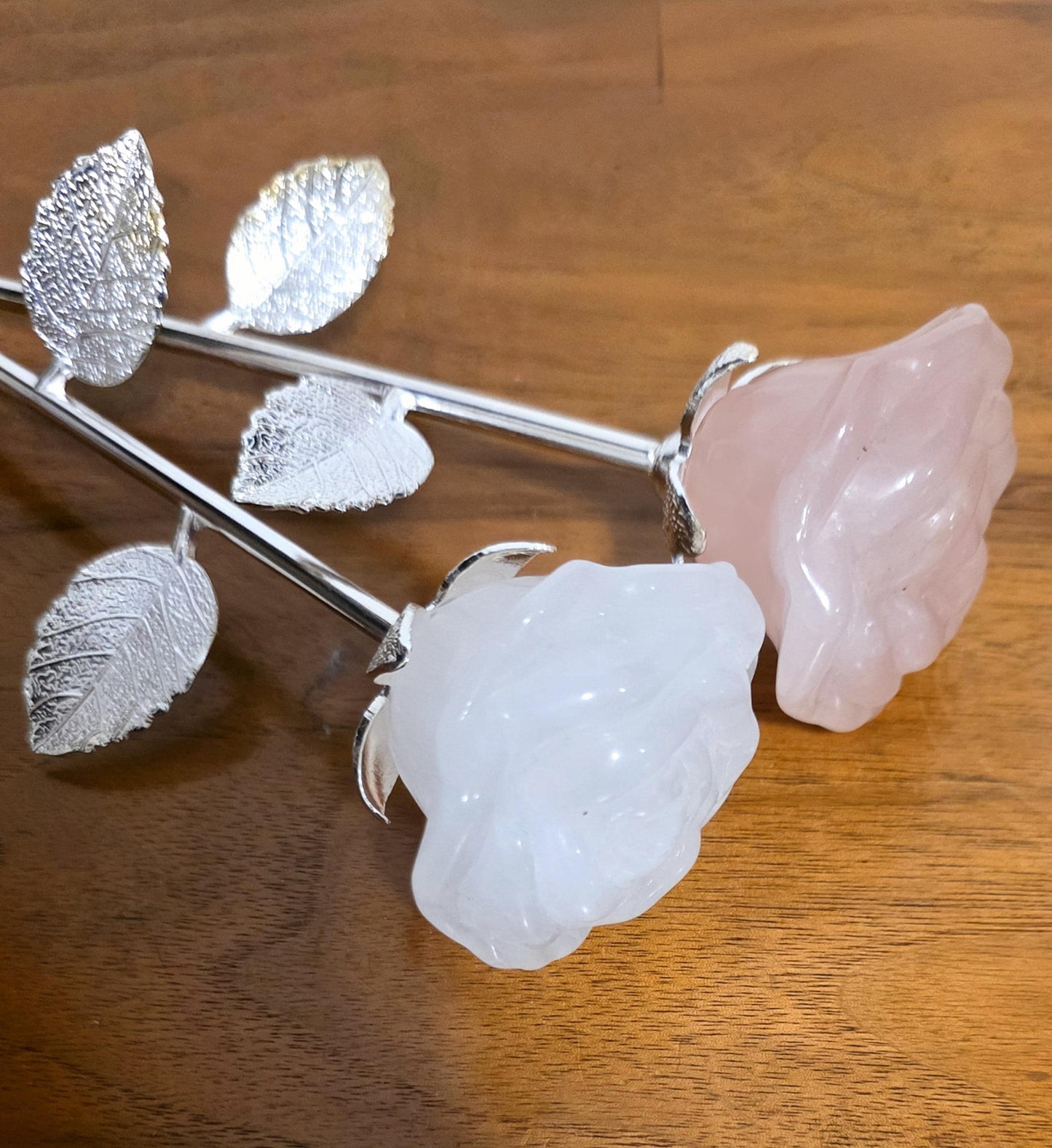 Crystal Rose Full Blooms, Silver Long Stem | Handcrafted Gemstone Flowers for Wedding & Romantic Occasion