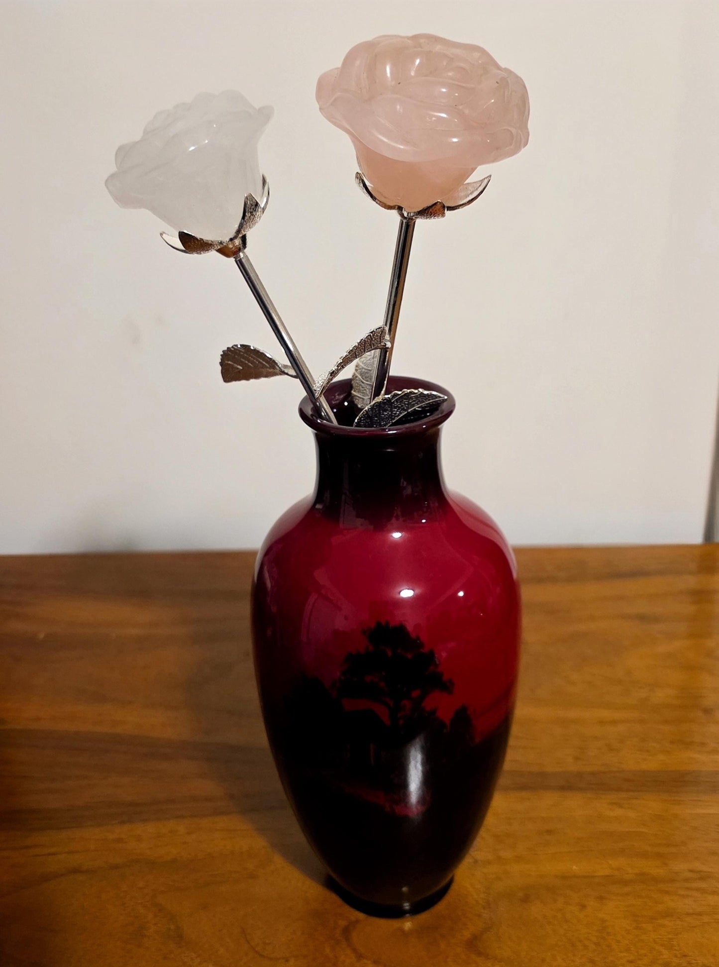 Crystal Rose Full Blooms, Silver Long Stem | Handcrafted Gemstone Flowers for Wedding & Romantic Occasion